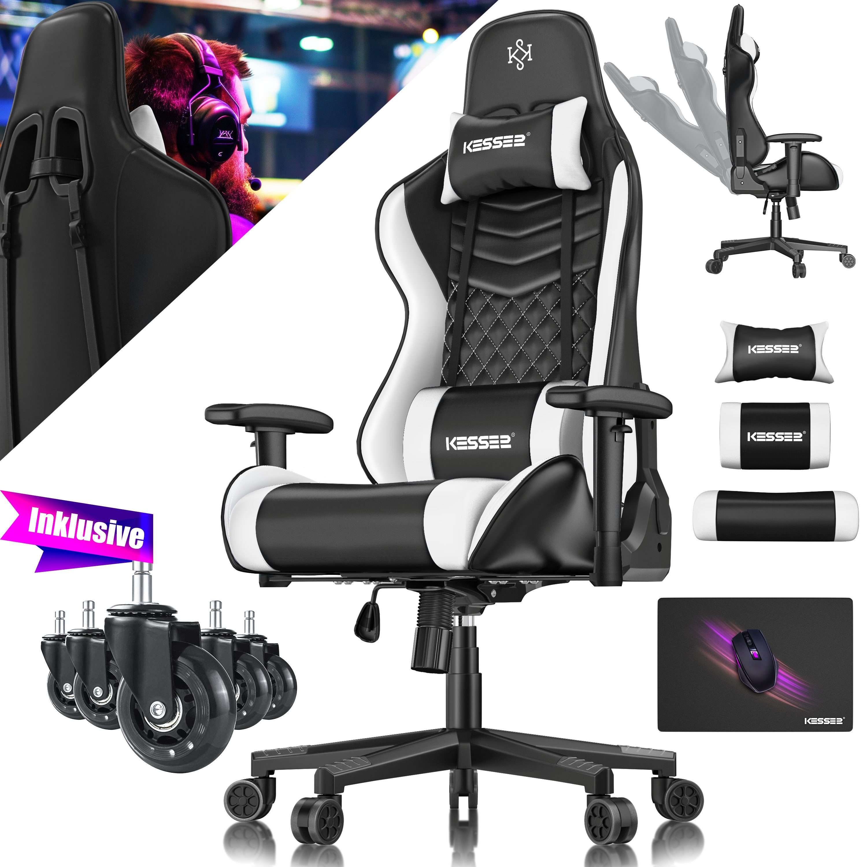 KESSER Gaming Chair, Ergonomisch Gamingstuhl 150kg belastbar Bürostuhl Lenden- & Kopfkissen