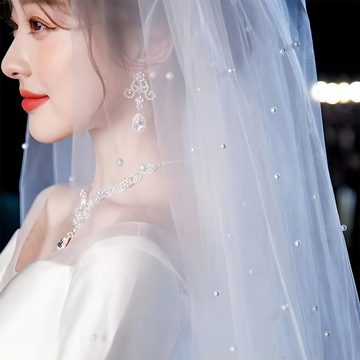 UNDOE Schleier Kopftuch doppellagiger Brautschleier mit weißer Perlenspitze