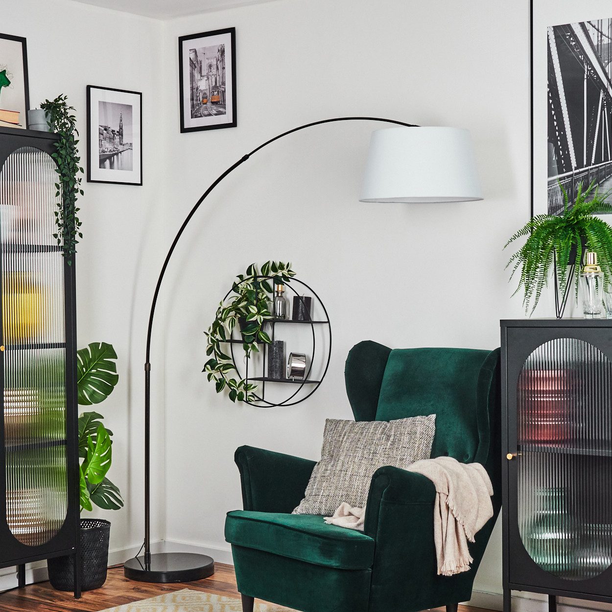 hofstein Bogenlampe Stehlampe mit Marmorfuß aus Metall/Stoff in Schwarz/Chromfarben/Weiß, Stehleuchte im modernen Design, Ø 45 cm, Fußschalter, E27