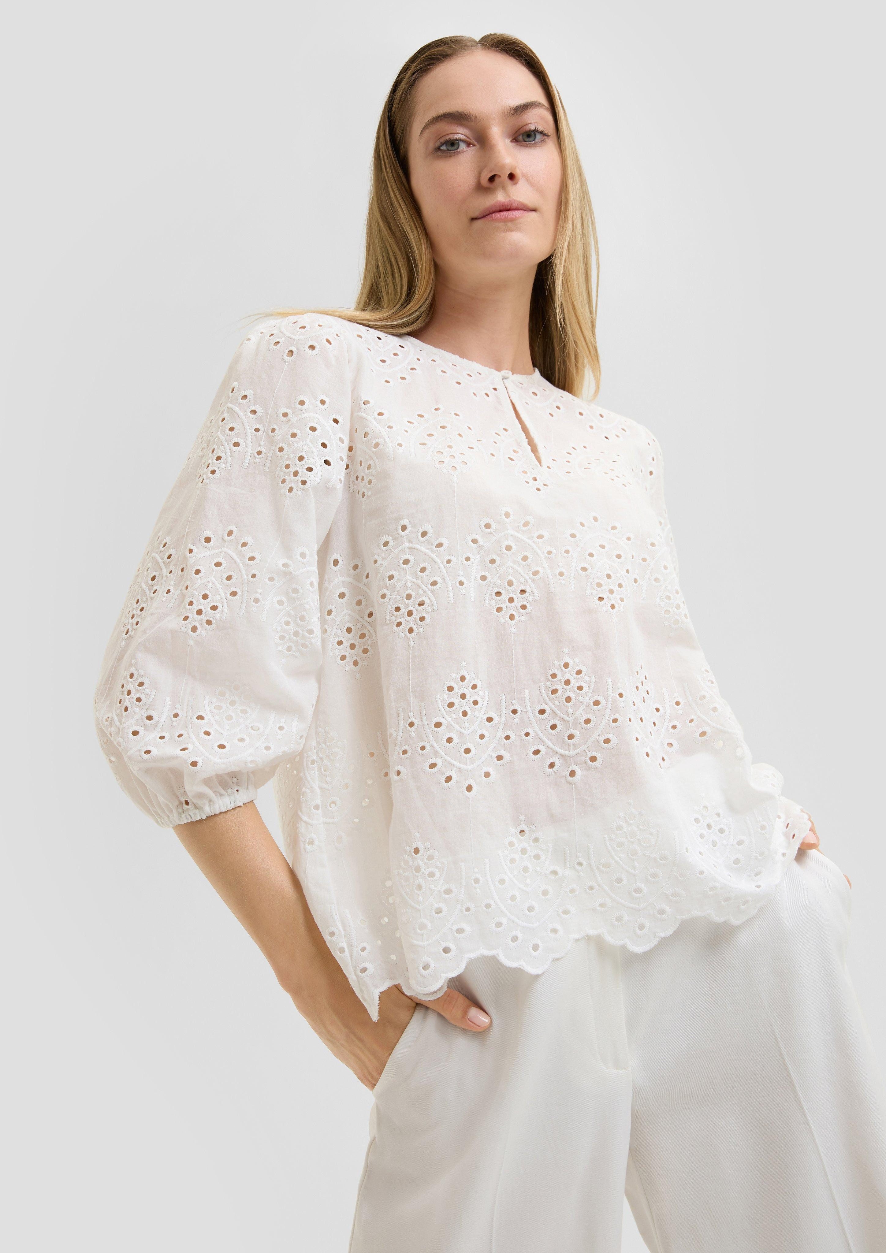 Langarmbluse Semitransparente Bluse aus Broderie Anglaise