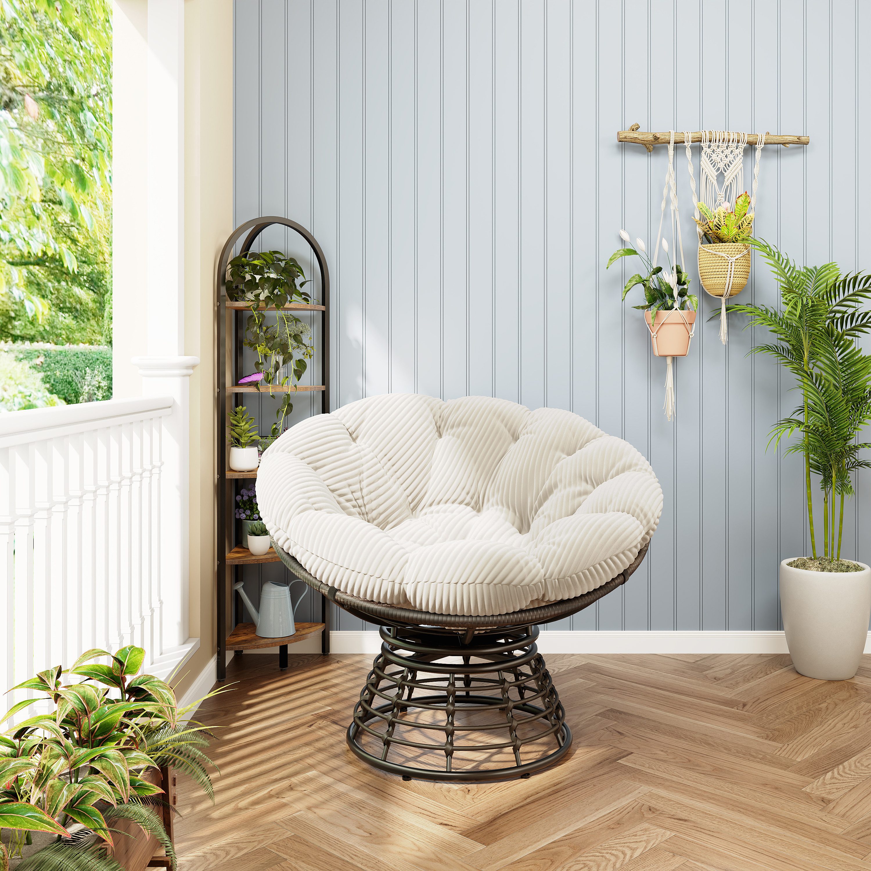 CHICFURN Loungesessel Papasan-Sessel in Rattan-Optik, 360° drehbar mit Polster (Packung, 1-St., Für Wohn-, Schlaf- und Lesezimmer sowie Innen- & Außenbereich), Braunes Gestell mit weißem Polster