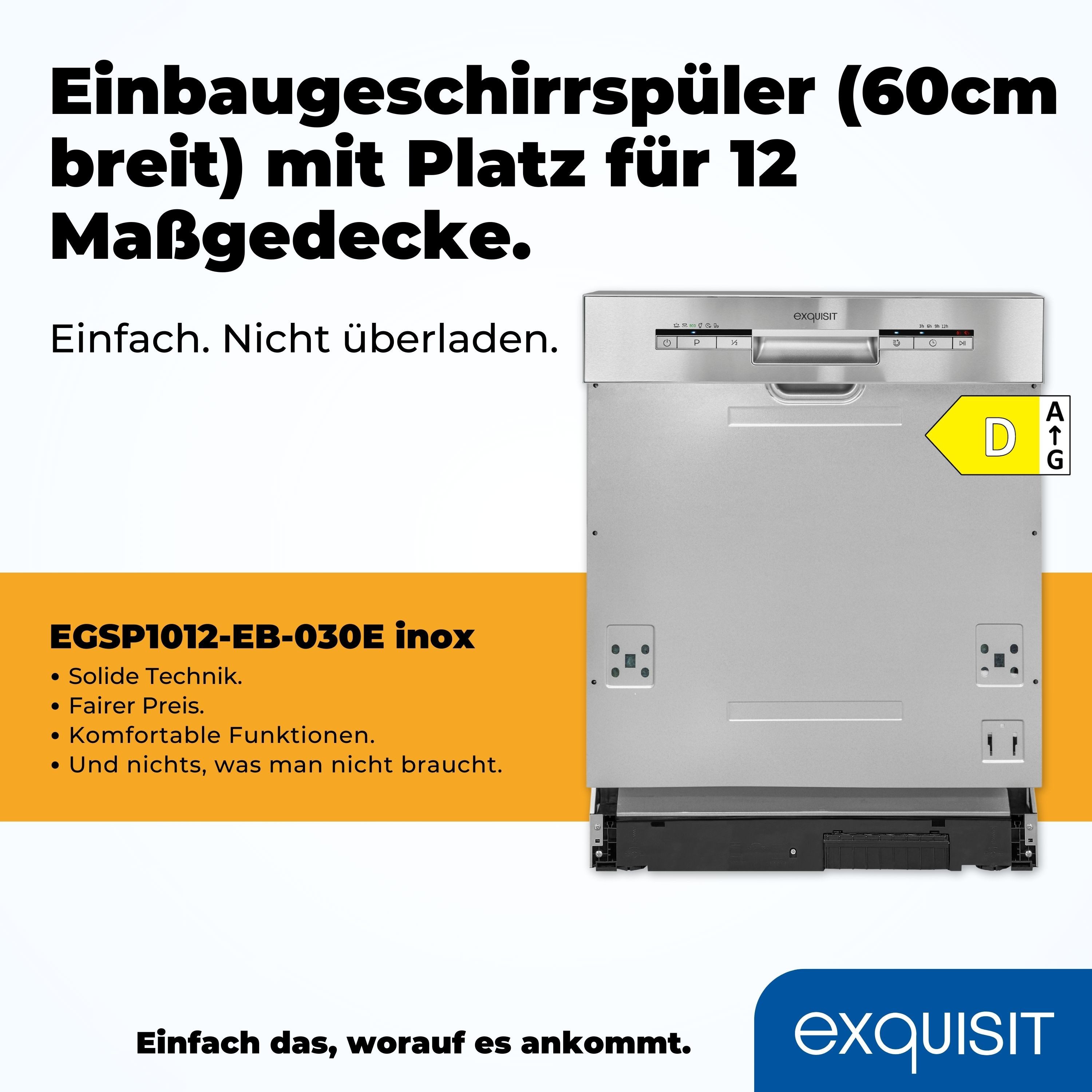 exquisit teilintegrierbarer Geschirrspüler EGSP1012-EB-030E, 11 l, 12 Maßgedecke, Wassersparend (ECO Programm)