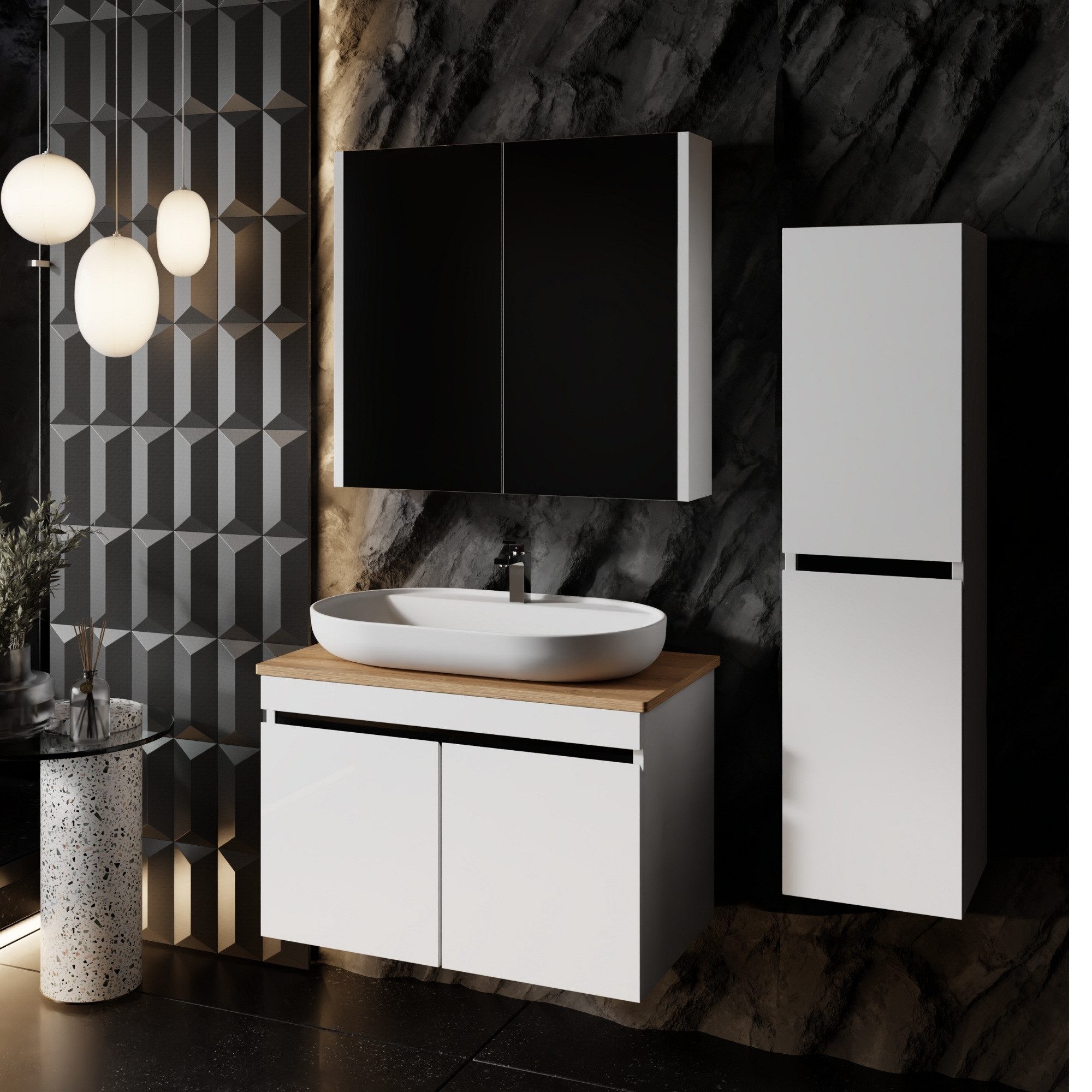 Karen Badmöbel-Set Badmöbel Set Venus, (Komplett-Set, Standartmäßig 4-Teilig (Unterschrank, Konsole, Spiegelschrank, Waschbecken), Optionaler Hochschrank, 4-St., Unterschrank mit Türen, Spiegelschrank mit Türen & Regalen), Futuristisches Design, Highgloss-Beschichtung, Softclose, Griffleisten