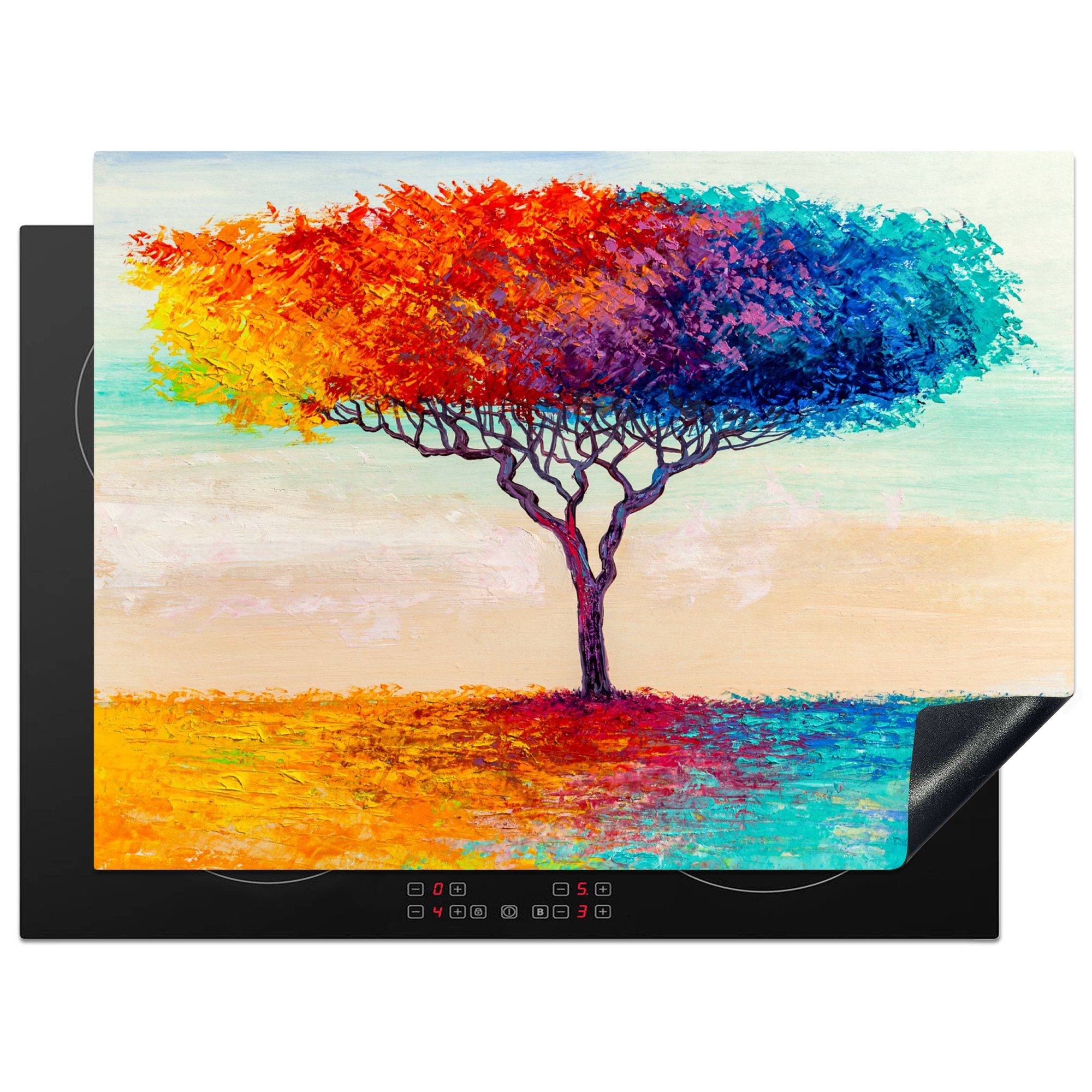 MuchoWow Herdblende-/Abdeckplatte Gemälde - Baum - Ölfarbe - Regenbogen, Vinyl, (1 tlg), 70x52 cm, Mobile Arbeitsfläche nutzbar, Ceranfeldabdeckung