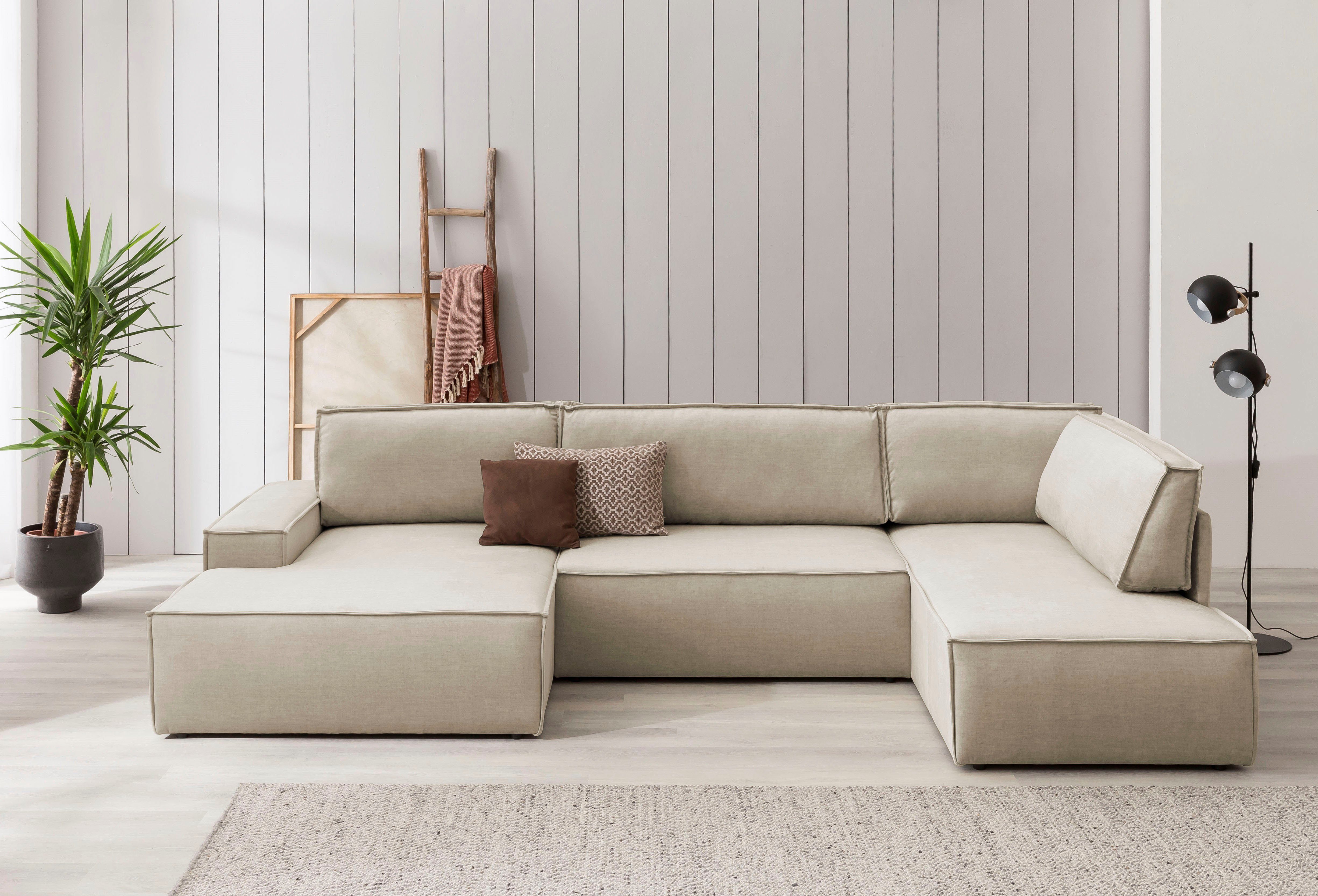 Home affaire Wohnlandschaft SHERWOOD 329 cm, U-Form, Schlafsofa, Schlaffunktion m. Bettkasten (194x139 cm), Cord, Vintage, Samtvelours