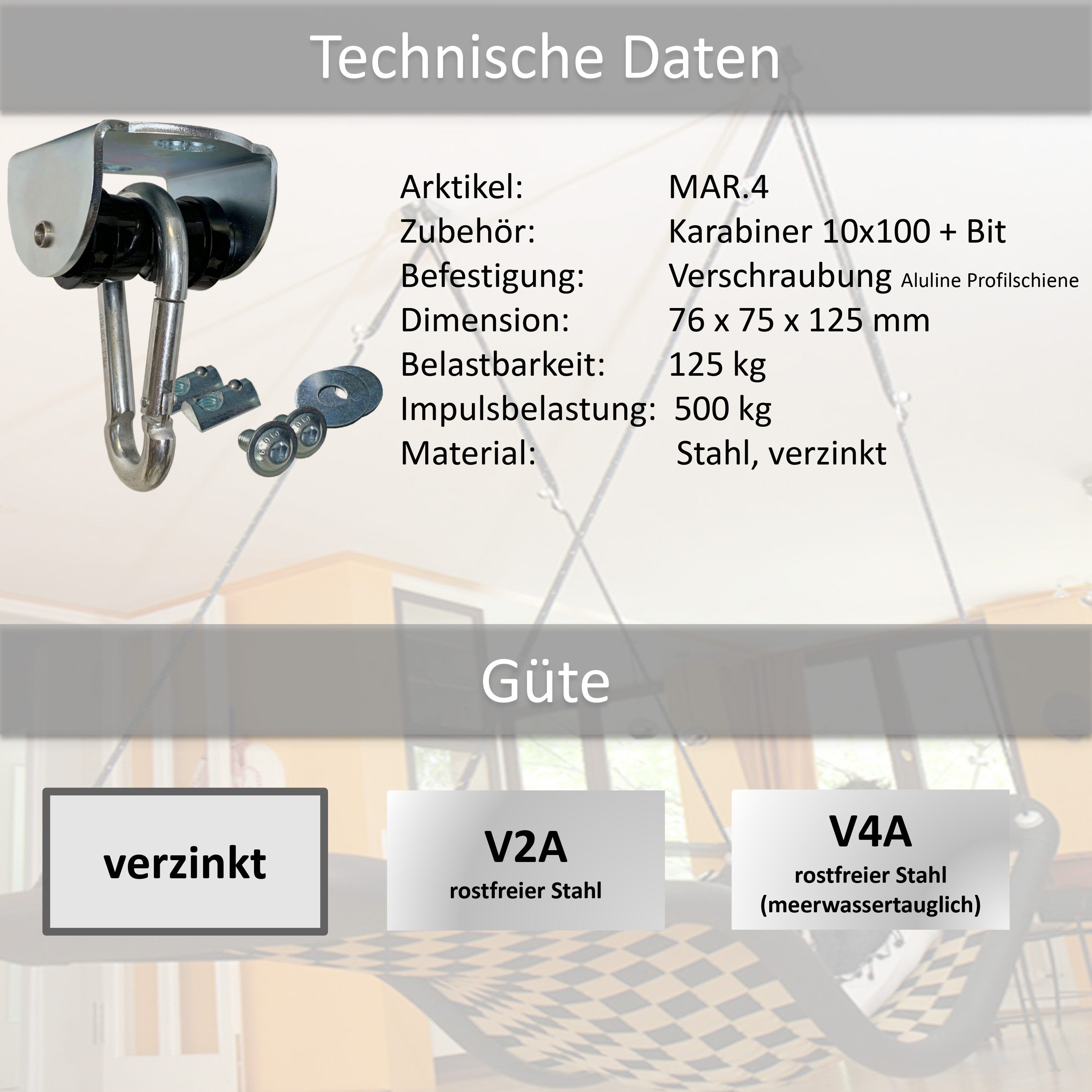 Marathon Schaukelhaken Rollengelenk verzinkt - Schaukelhaken mit Karabiner für ALULINE