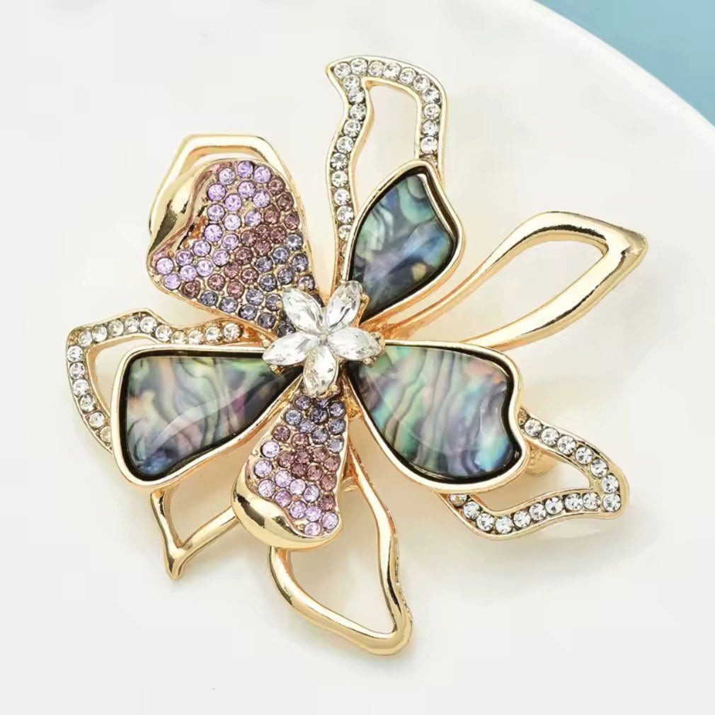 Dark-Desires Brosche Große Blumen-Brosche mit Perlmutt & Strass vintage 5,7 cm, Damen Brosche vintage Accesssoire retro Anstecknadel
