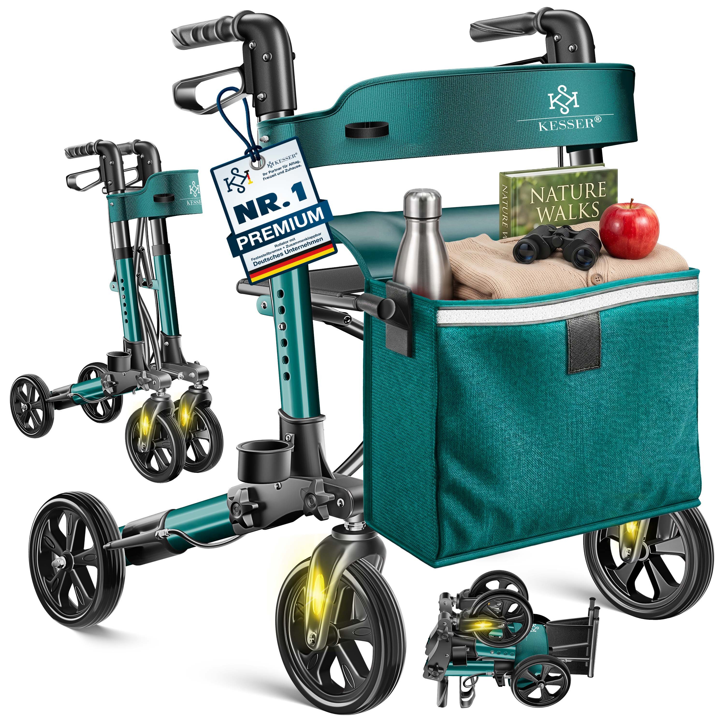 KESSER Rollator Aluminium – faltbar, höhenverstellbar & bis 136 kg belastbar, wetterbeständig, Tasche, Stockhalter, Reflektoren, 360° Gelände Reifen
