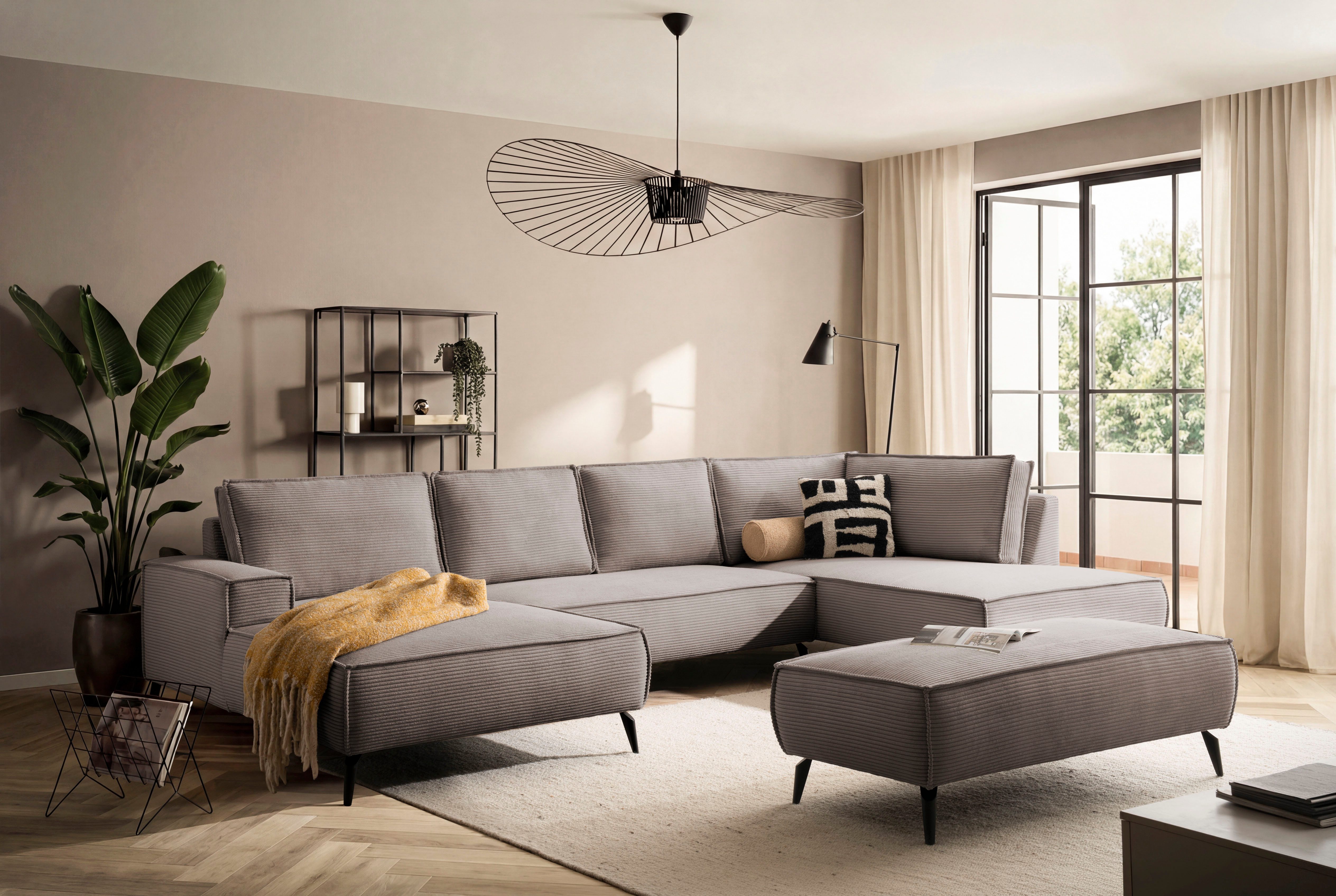 Home affaire Wohnlandschaft Tvinnu, moderne U-Form, Couch in Cord oder Webstoff in Leinenoptik, Set 2 Teile, Recamiere rechts/links, schwarze Metallfüße, bequeme Sitz-/Liegefläche