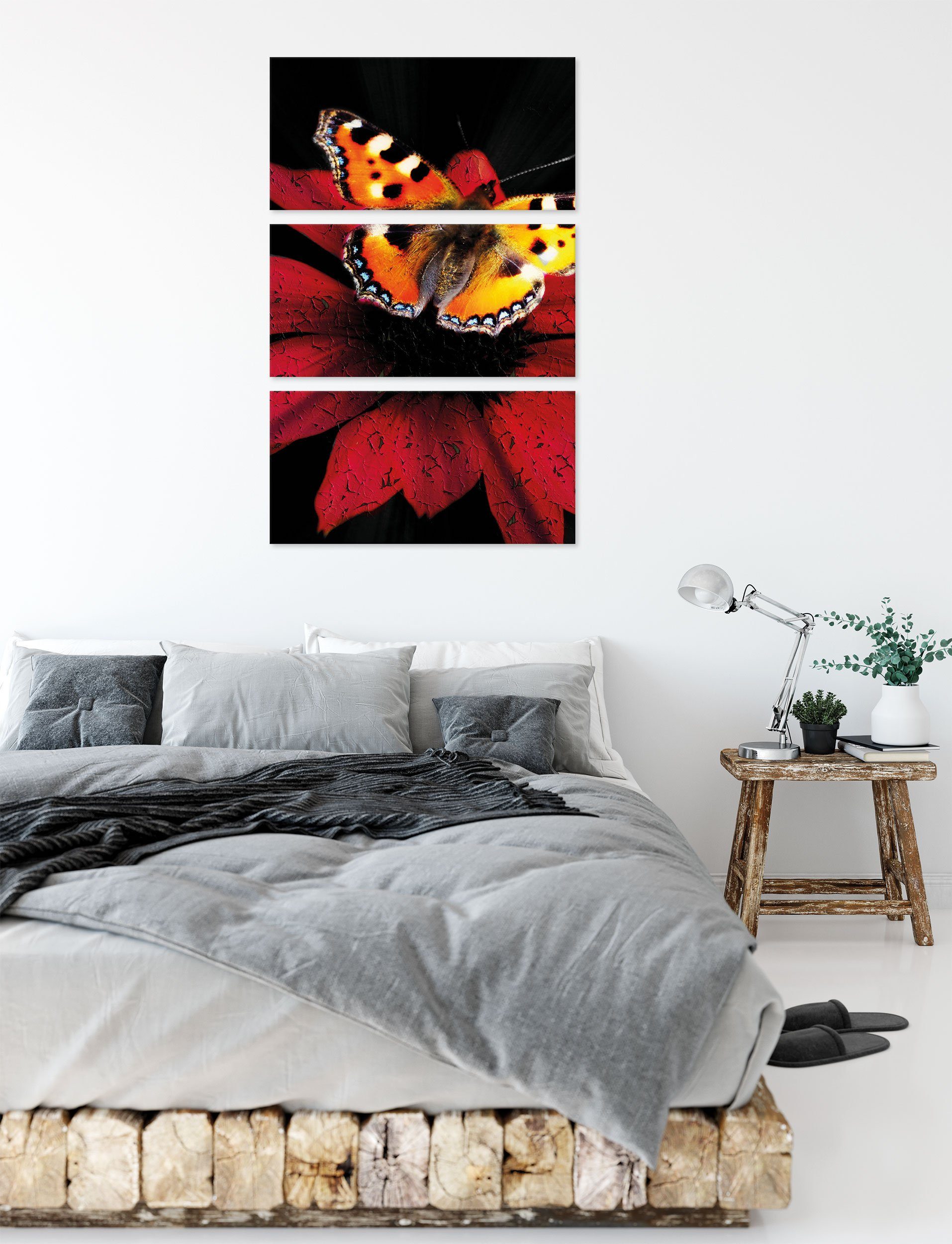 Blüte, Pixxprint inkl. Schmetterling Leinwandbild (1 (120x80cm) Leinwandbild Schmetterling roter St), roter auf 3Teiler bespannt, Zackenaufhänger Blüte fertig auf