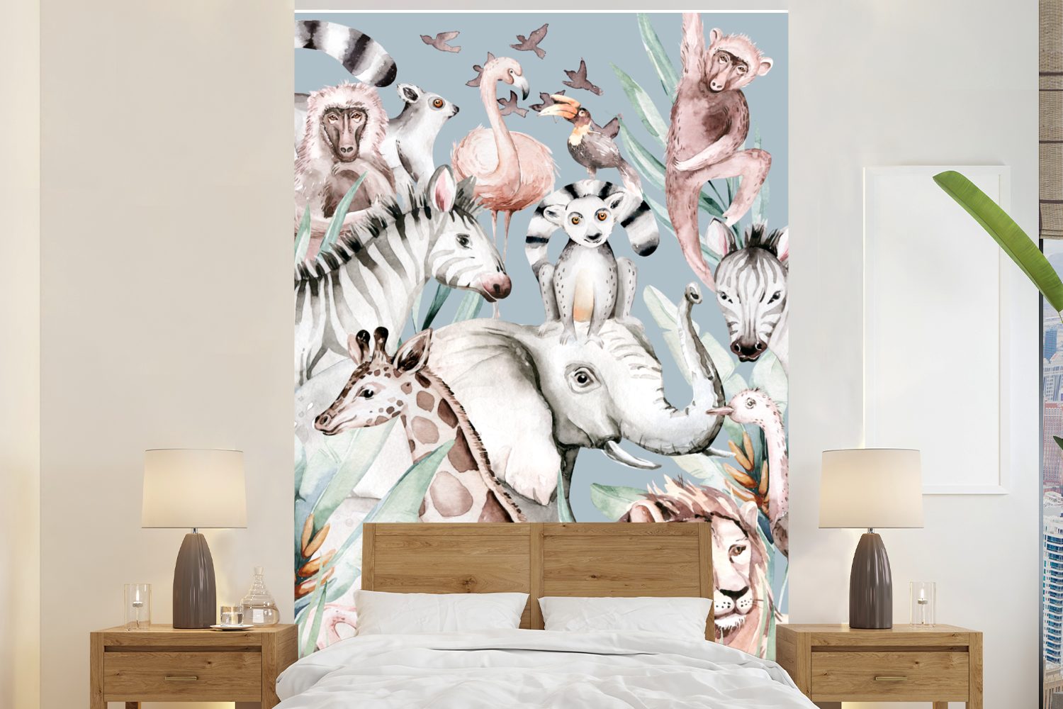 MuchoWow Fototapete Wasserfarben - Tiere - Flamingo - Elefant - Jungen - Blau - Kinder -, Matt, bedruckt, (3 St), Montagefertig Vinyl Tapete für Wohnzimmer, Wandtapete