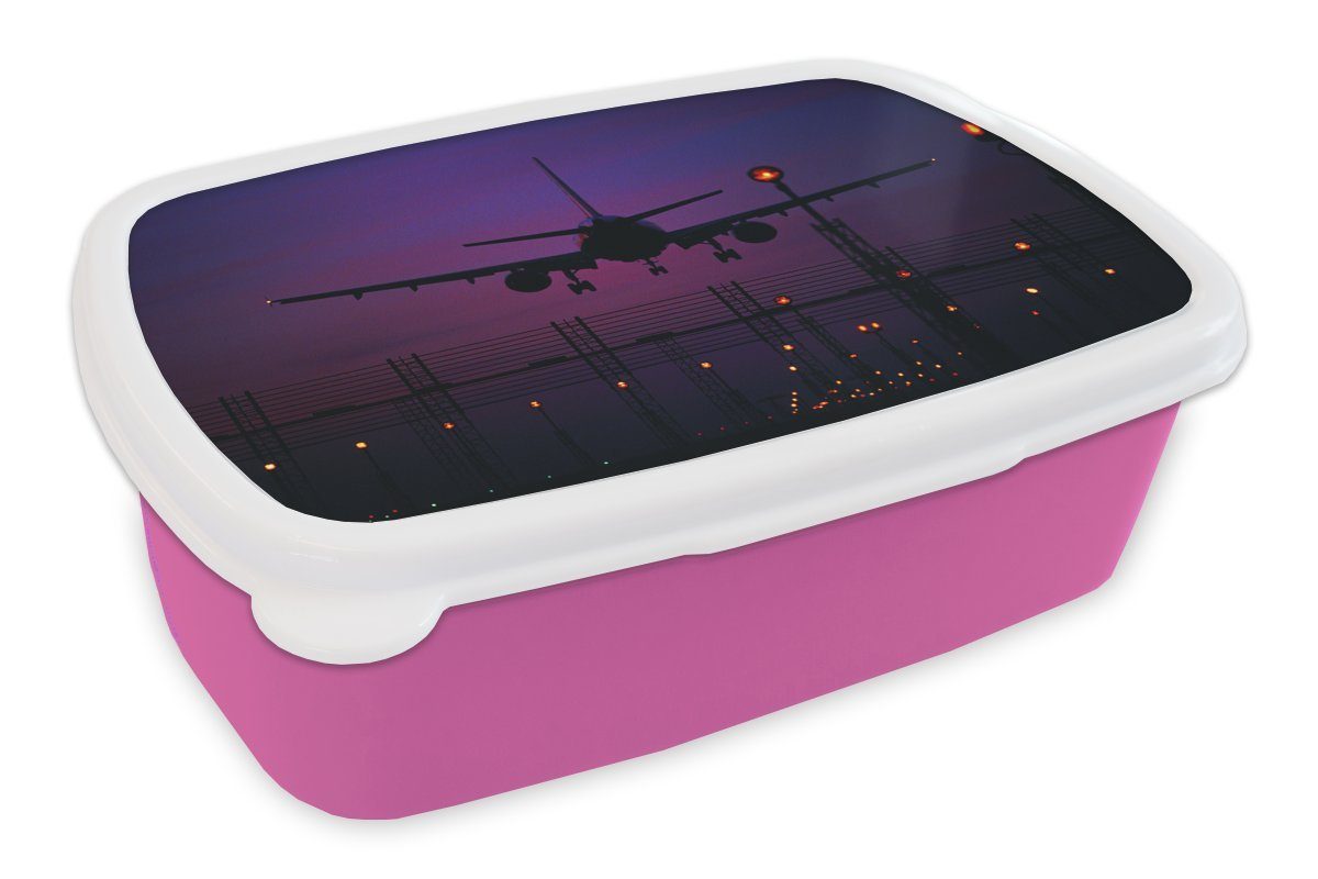 MuchoWow Lunchbox Silhouette eines Flugzeugs in der Nacht, Kunststoff, (2-tlg), Brotbox für Erwachsene, Brotdose Kinder, Snackbox, Mädchen, Kunststoff rosa | Lunchboxen