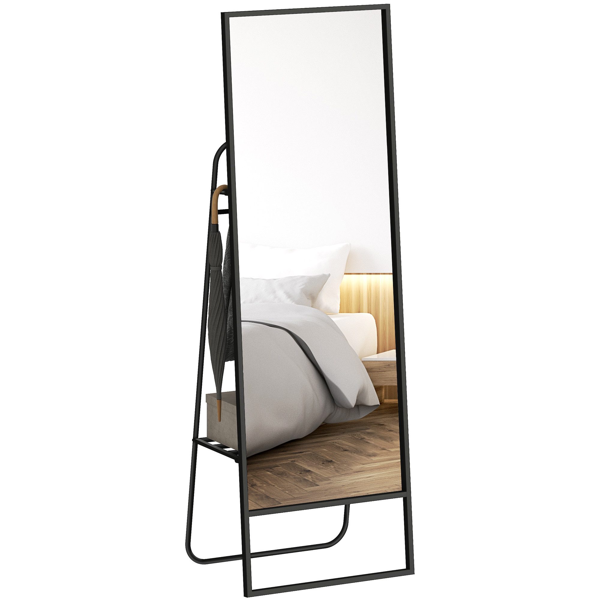 HOMCOM Standspiegel Moderner Ganzkörperspiegel mit Rückwand, Splitterschutzfolie (rechteckiger freistehender Spiegel mit 2 Haken, 1-St., für Schlafzimmer, Wohnzimmer, Umkleideraum), 50 x 38 x 157 cm, Schwarz
