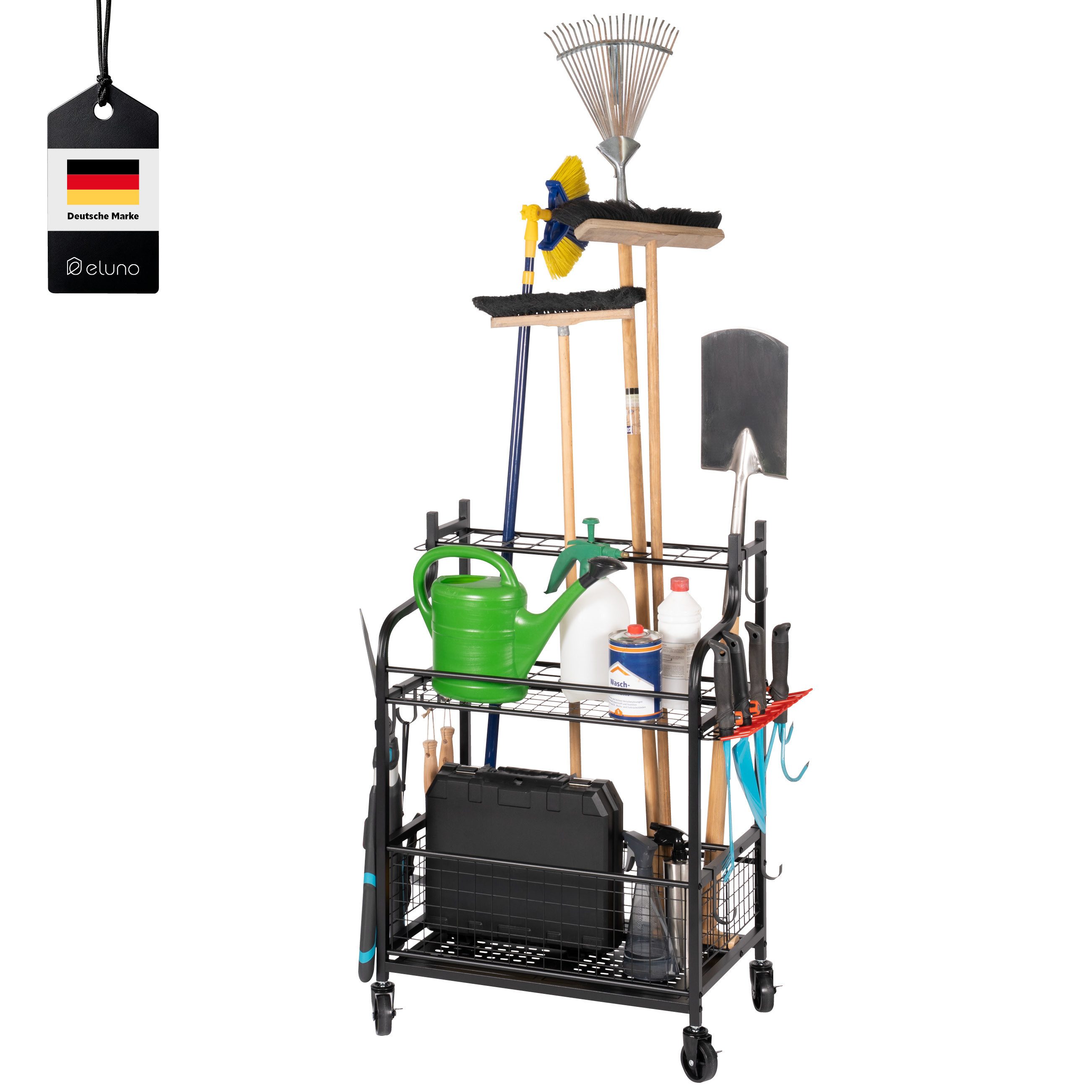 Gartengerätehalter mit Ablagen und Körben, Stahl schwarz