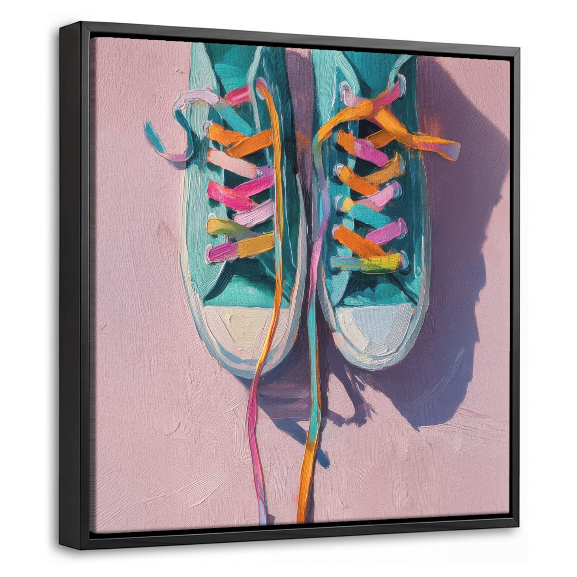 OneMillionCanvasses® Leinwandbild mit Rahmen - Turnschuhe - Schnürsenkel - Bunt - Farbton, Fotodruck (1 St), Leinwand Bilder Klein, Wand Dekoration Aesthetic 20x20cm