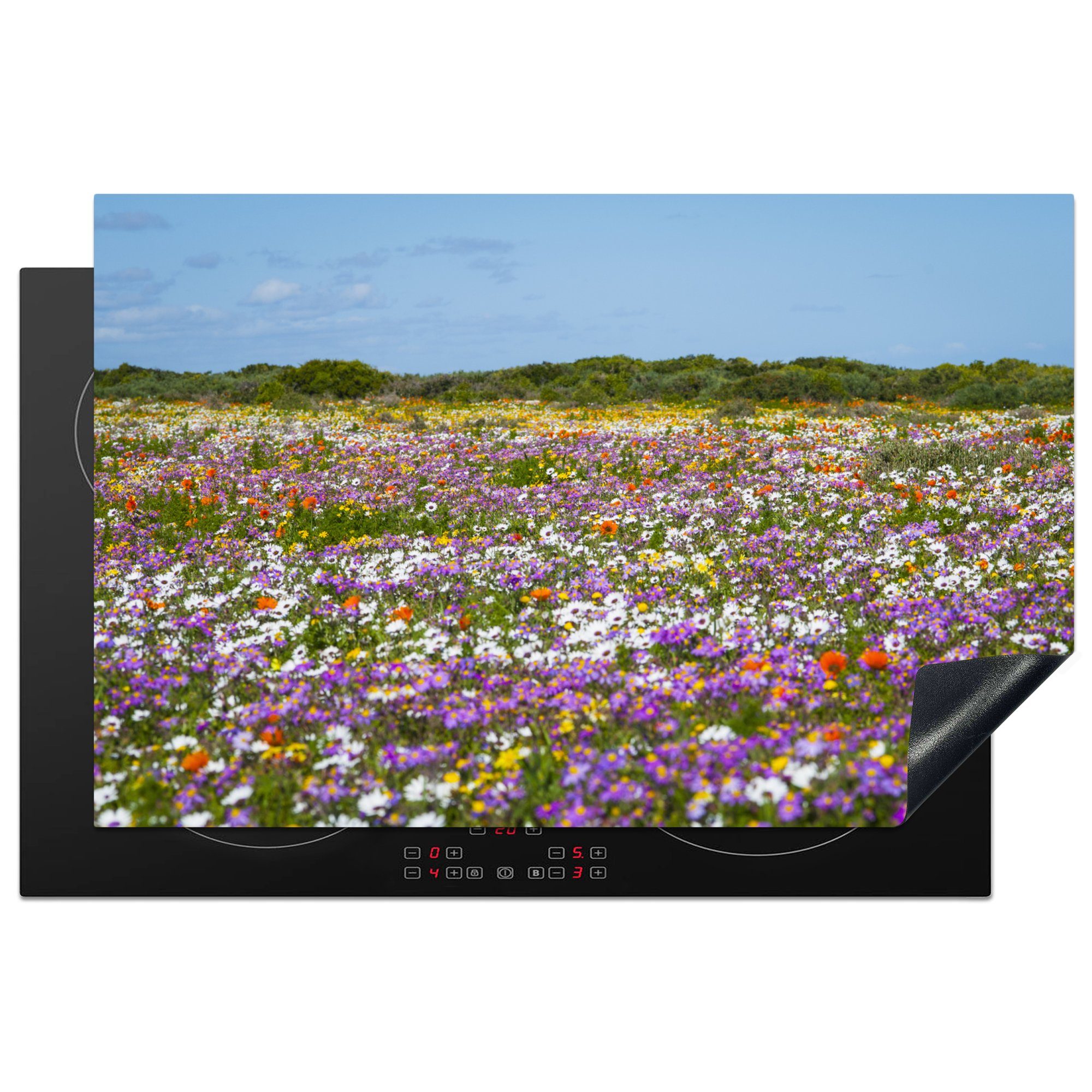 MuchoWow Herdblende-/Abdeckplatte Blumenwiese - Lila - Blumen, Vinyl, (1 tlg), 81x52 cm, Induktionskochfeld Schutz für die küche, Ceranfeldabdeckung