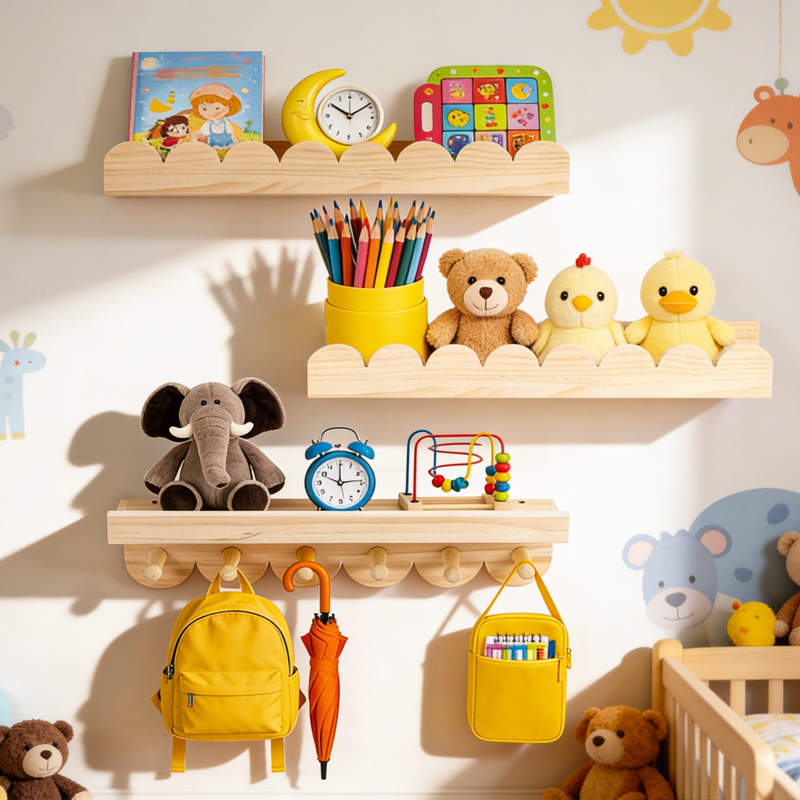 BlingBin Kinderregal 3er Set Bücherregal Kinder Wand, Wandregal Kinderzimmer 40cm, 1er Set 3-tlg., Schweberegale mit 6 Holzhaken für Jungen & Mädchen, Montessor – Bild 2 von 5