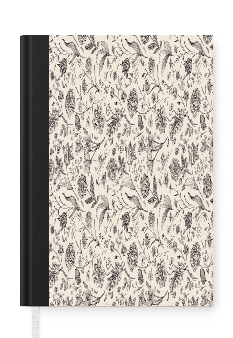 MuchoWow Notizbuch Blumen - Schwarz - Weiß - Blätter, Journal, Merkzettel, Tagebuch, Notizheft, A5, 98 Seiten, Haushaltsbuch