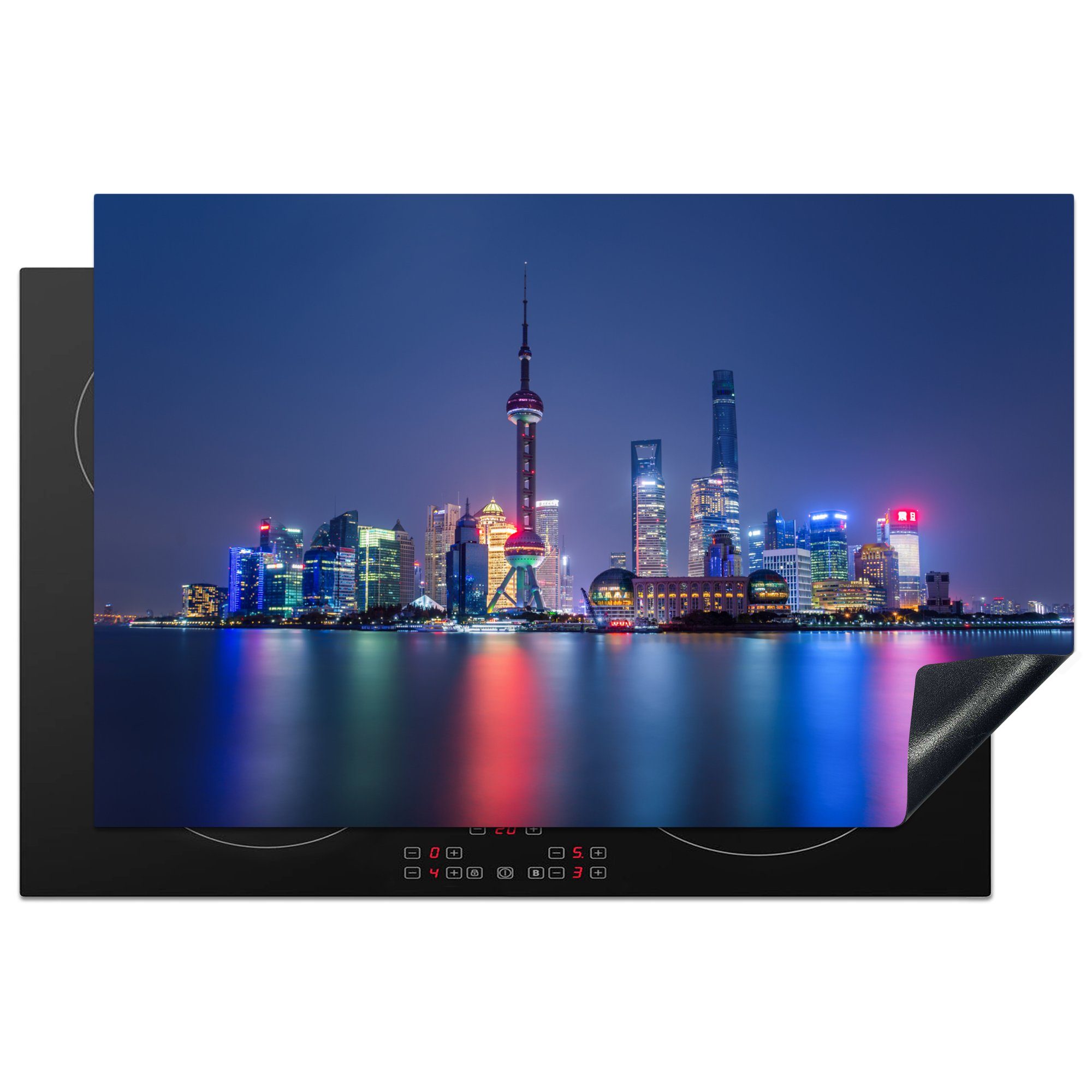 Wasser (1 Shanghai, - für Induktionskochfeld Ceranfeldabdeckung tlg), Vinyl, Licht Skyline cm, - - die Schutz 81x52 Herdblende-/Abdeckplatte küche, MuchoWow