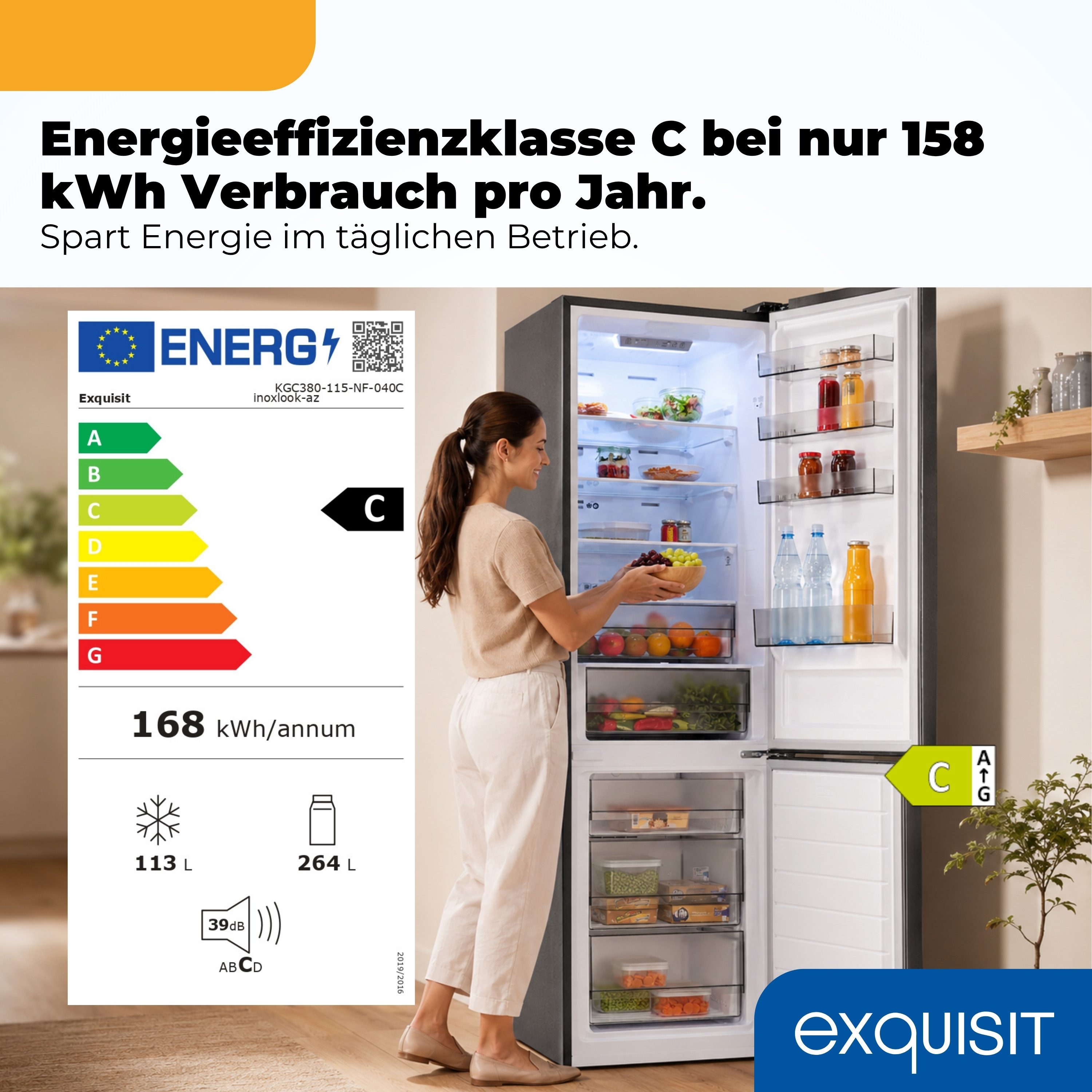 exquisit Kühl-/Gefrierkombination KGC380-115-NF-040C inoxlook-az, 200,5 cm hoch, 59,5 cm breit, Humidity Box für optimale Feuchtigkeitsregulierung & kein Abtauen mehr