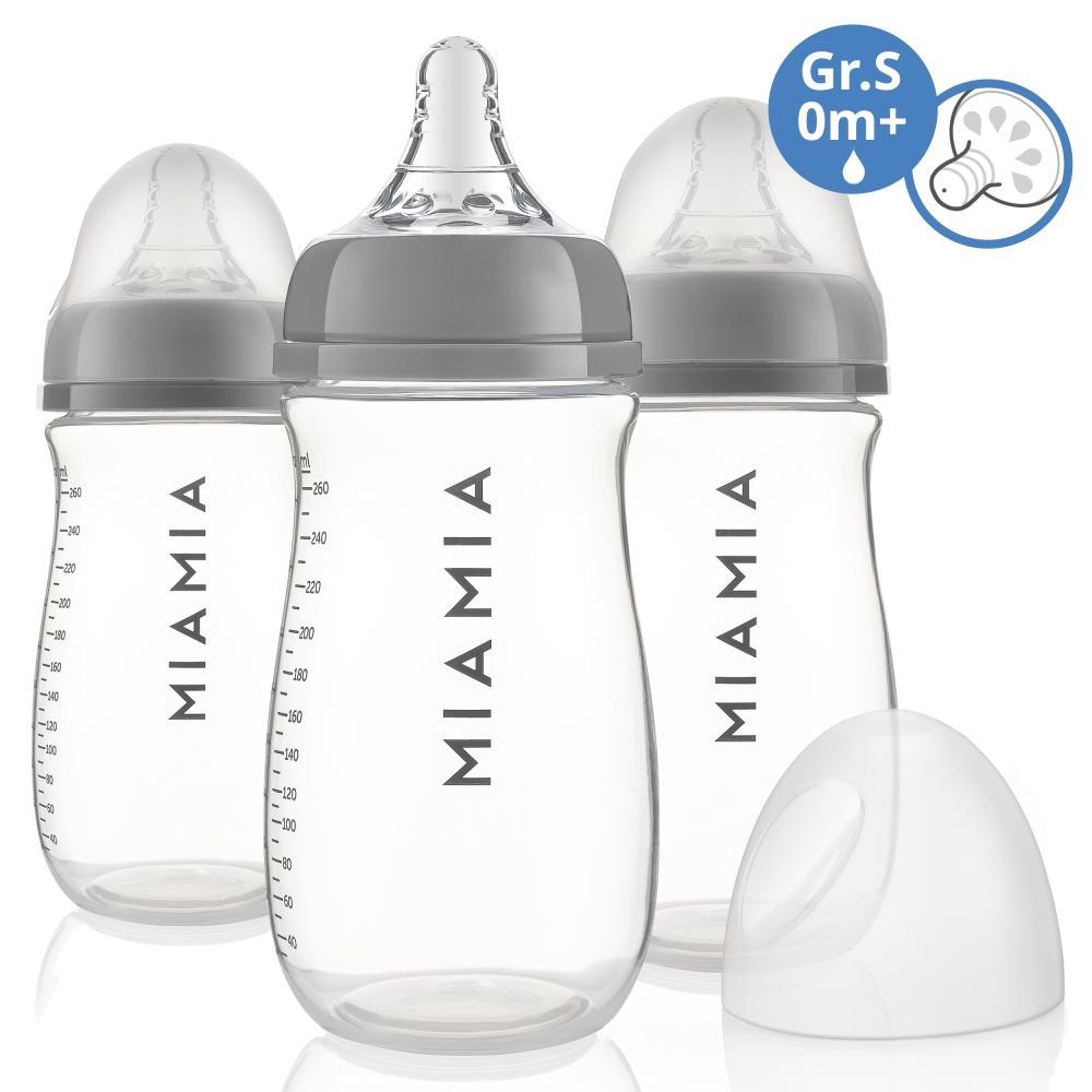 MiaMia Babyflasche PP-Flasche - Grau, 3er Pack Babyflasche 260 ml + Silikon-Trinksauger Größe S | Babyflaschen