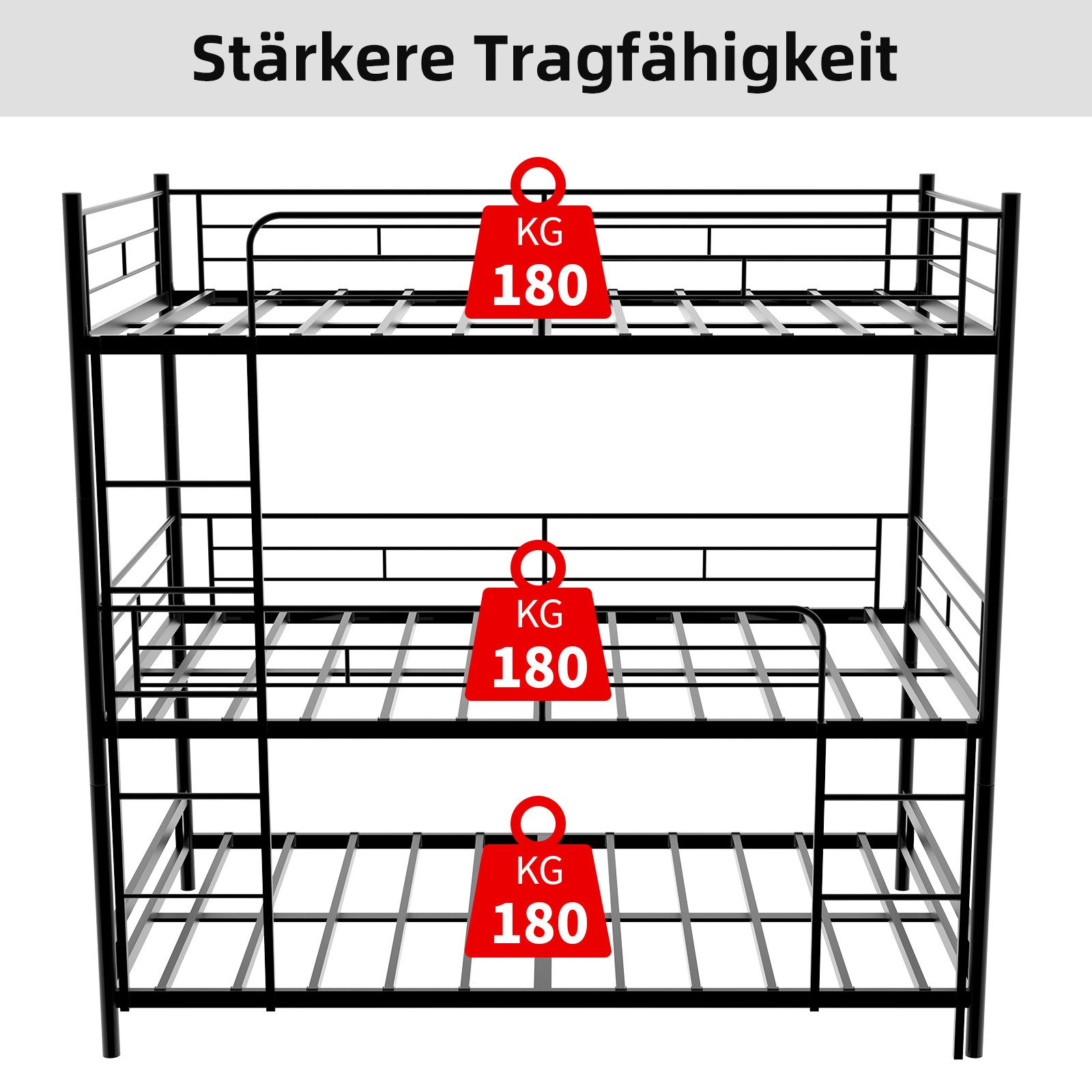 ANYSUN Etagenbett Schweres Dreifach-Rahmenbett,Kinderbett Metallbett (Dreierbett 90x200cm mit eingebauter Leiter und durchgehendem Geländer), bodensicher für Ki – Bild 3 von 5