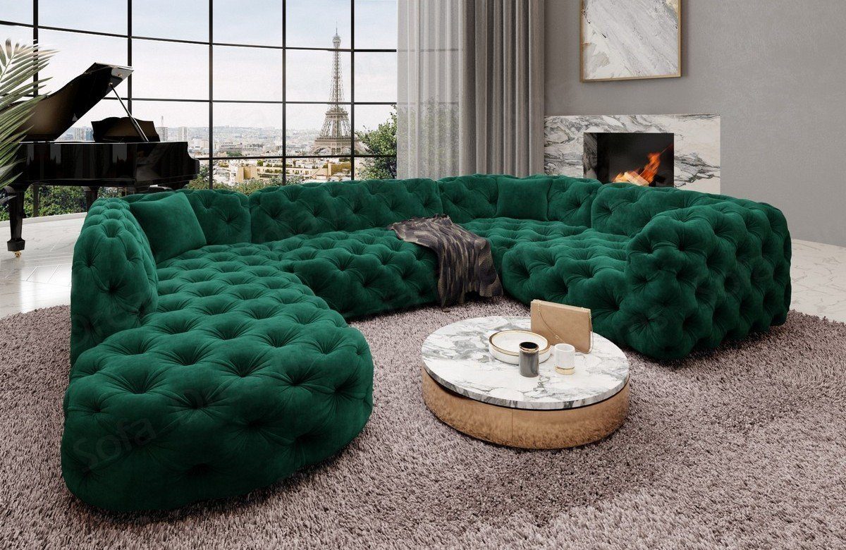 Sofa Dreams Wohnlandschaft Stoff Sofa Design Couch Lanzarote U Form Stoffsofa, Couch im Chesterfield Stil grün37