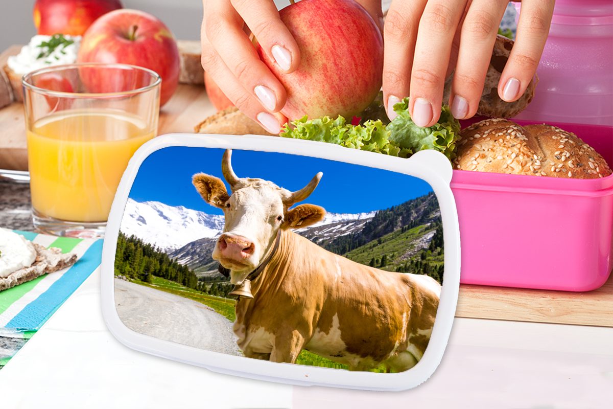 MuchoWow Lunchbox Kuh - Schnee Kunststoff für Brotdose (2-tlg), Erwachsene, Kinder, Kunststoff, - Brotbox rosa Mädchen, Alpen, Snackbox