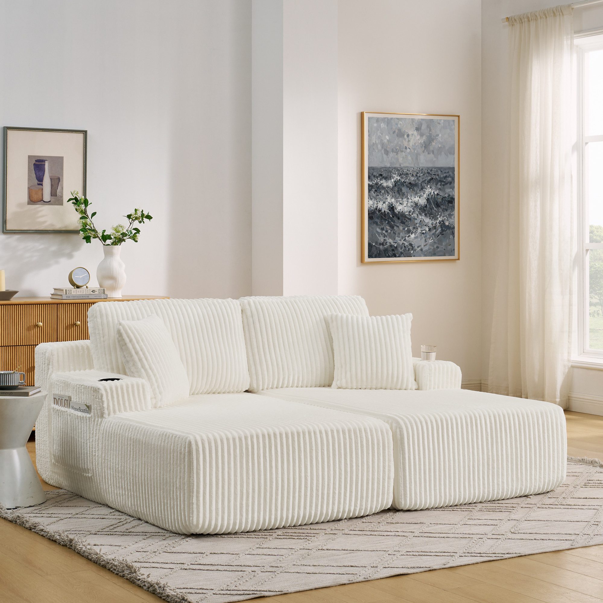 Odikalo Schlafsofa 2-Sitzer Schlafcouch Loungesofa, Kordstoff, mit seitlicher Magazintasche, Getränkehalter und Kissen, geeignet für Wohnzimmer,