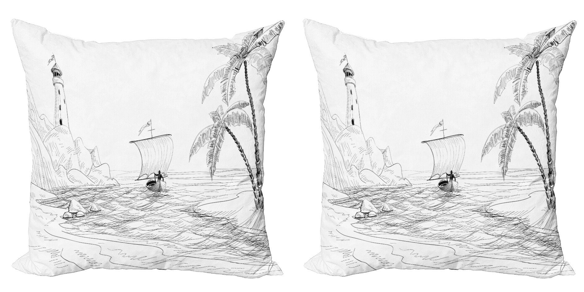 (2 Kissenbezüge Abakuhaus Stück), Palms Strand Doppelseitiger Modern Accent Digitaldruck, mit Boat Sketch