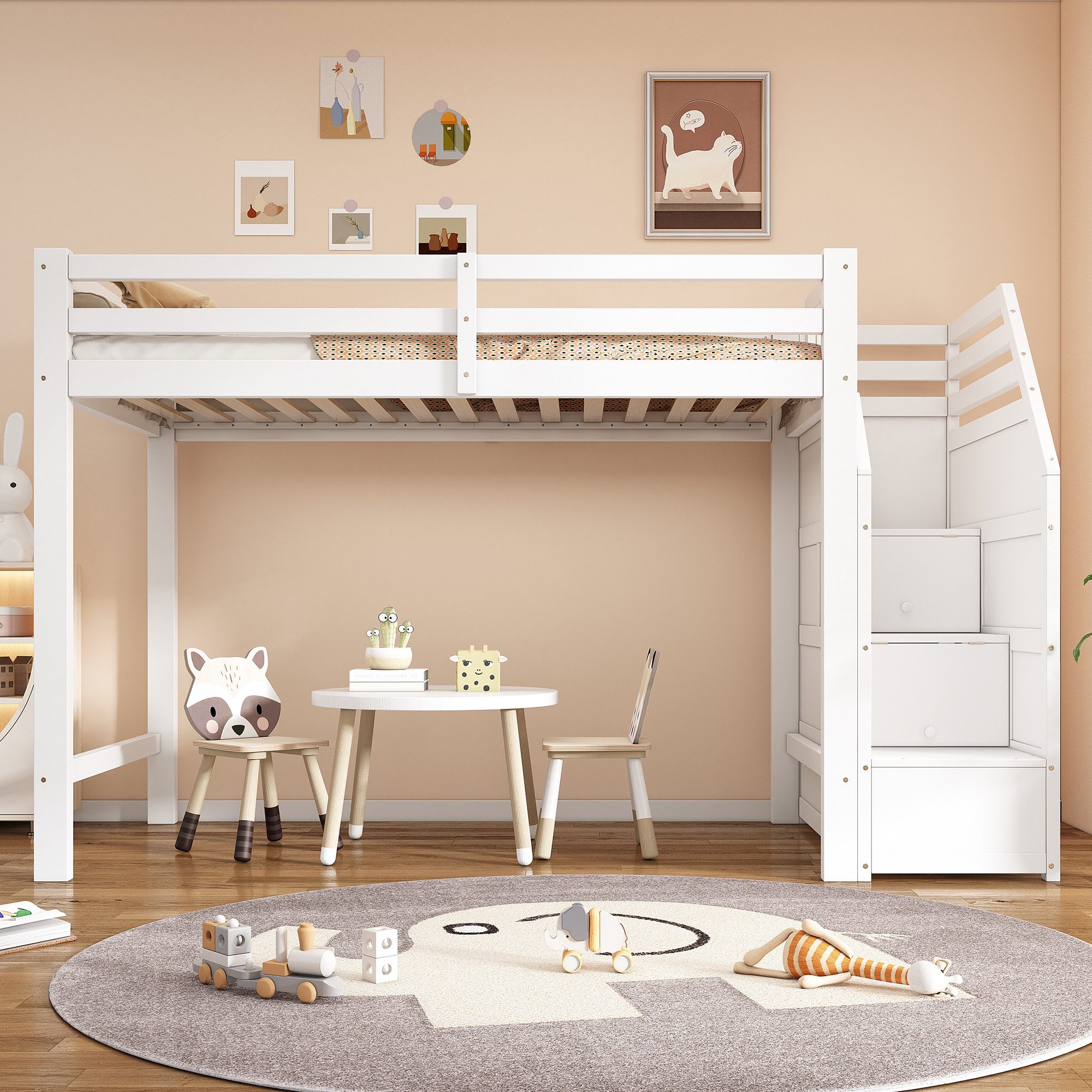 Flieks Hochbett Kinderbett Holzbett 90x200cm mit Ausfallschutz und Stauraum günstig online kaufen