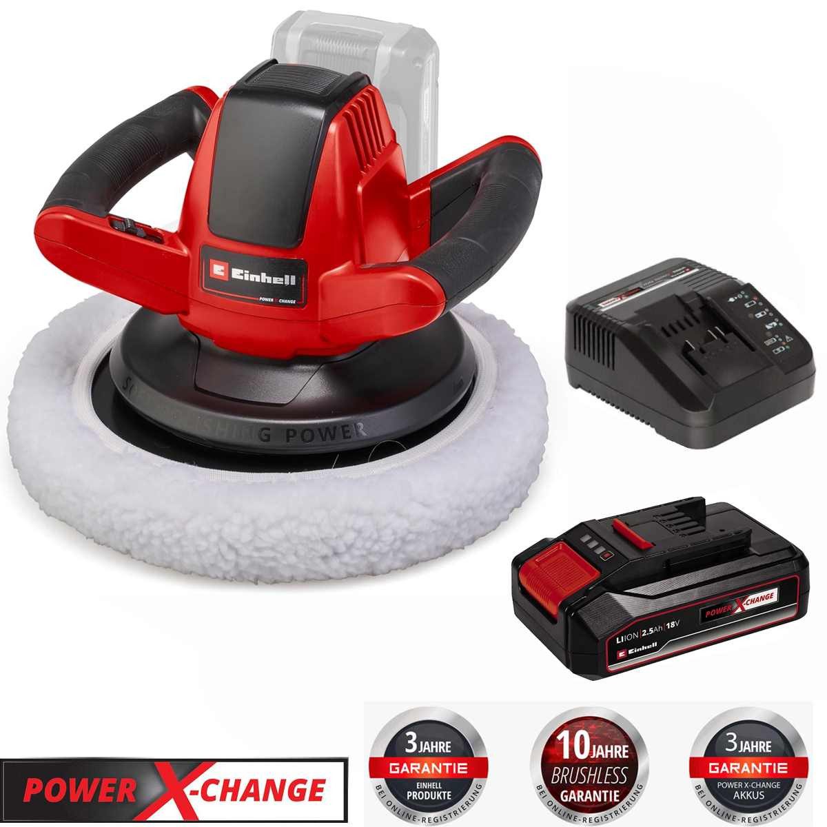 Einhell Akku-Poliermaschine 18V Autopoliermaschine CE-CB 18/254 Li + Akku 2.5 Ah + Ladegerät