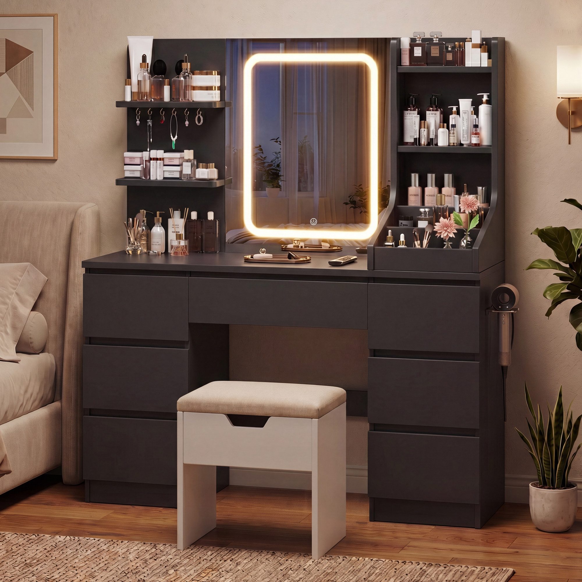 HOMALL Schminktisch Spiegel mit LED-Beleuchtung, 7 Schubladen (Maße: 110 × 40 × 139 cm, drei einstellbare Farbtemperaturen, mit 8 offenen Ablagefächern, 6 Schmuckhaken, 2 Steckdosen, 1 USB-Anschluss, 1 Typ-C-Anschluss und einer Haartrocknerhalterung)