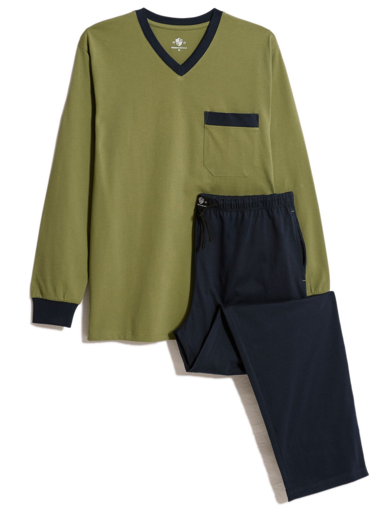 HAASIS Bodywear 1919 Pyjama Herren Pyjama 77109922-navy/olive (1 tlg) Pyjama, V-Hals, Brusttasche, Hose m. Seitentaschen