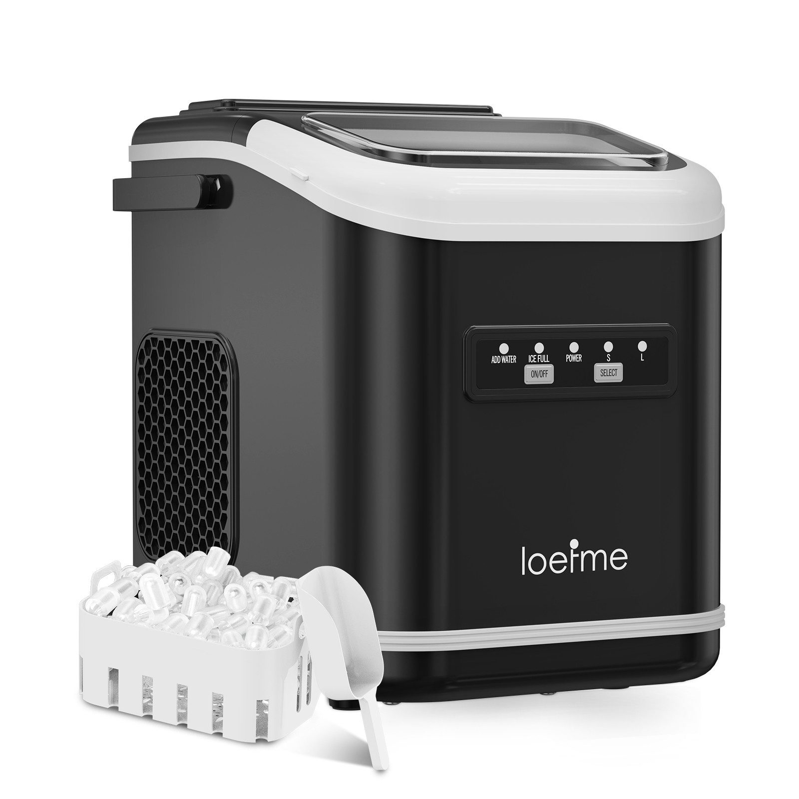 loefme Eiswürfelmaschine Tragbarer, 12kg/24h, 9 Würfel in 6 Min, mit Selbstreinigung, 2 Eisgrößen, Leiser Eiswürfelbereiter mit Tragegriff, 1,4L Tank