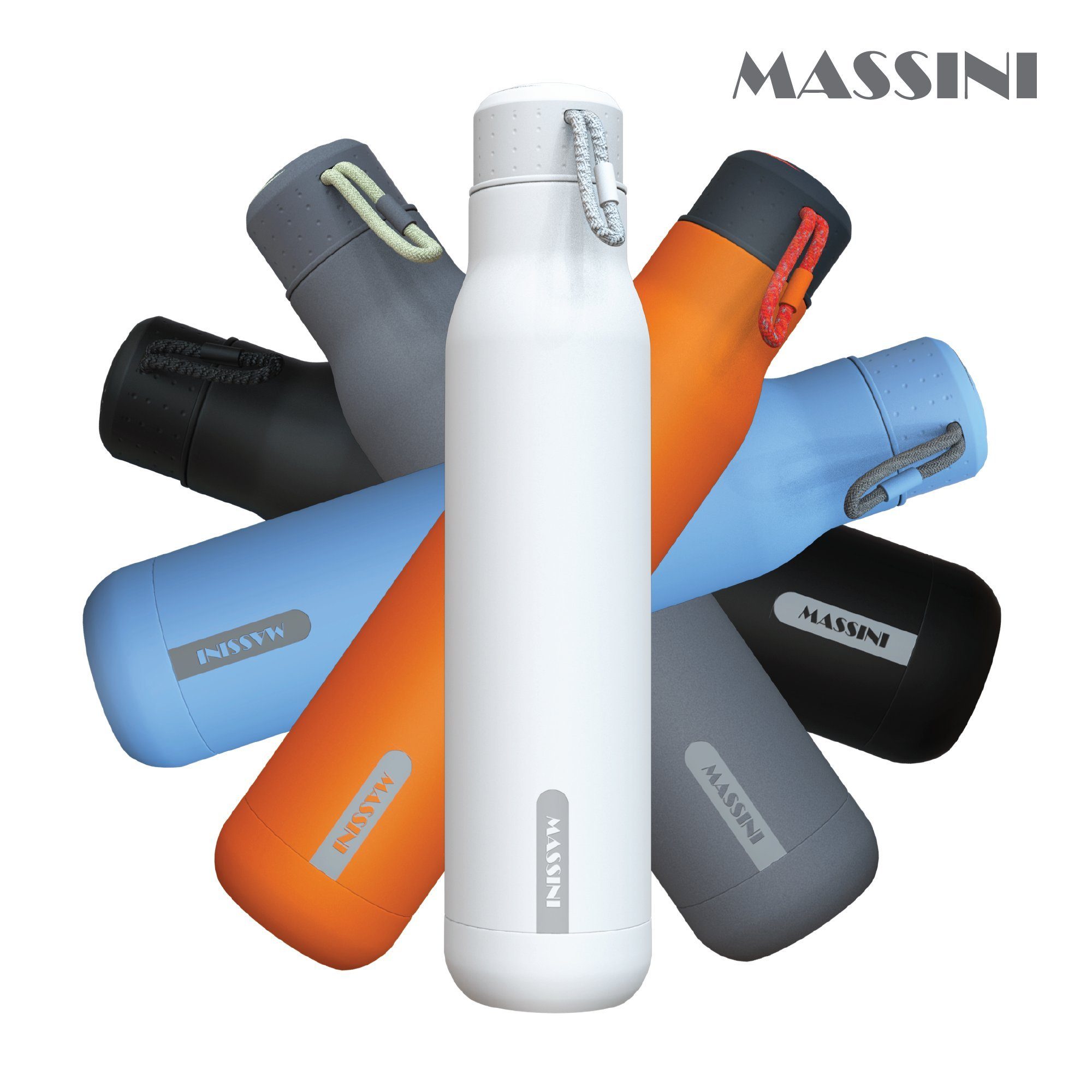 Isolier- Auslaufsicher, und Massini Edelstahl Pulverbeschichtung, Thermoflasche Weiß Kohlensäure geeignet, Design Trinkflasche BPA-Frei Trinkflasche