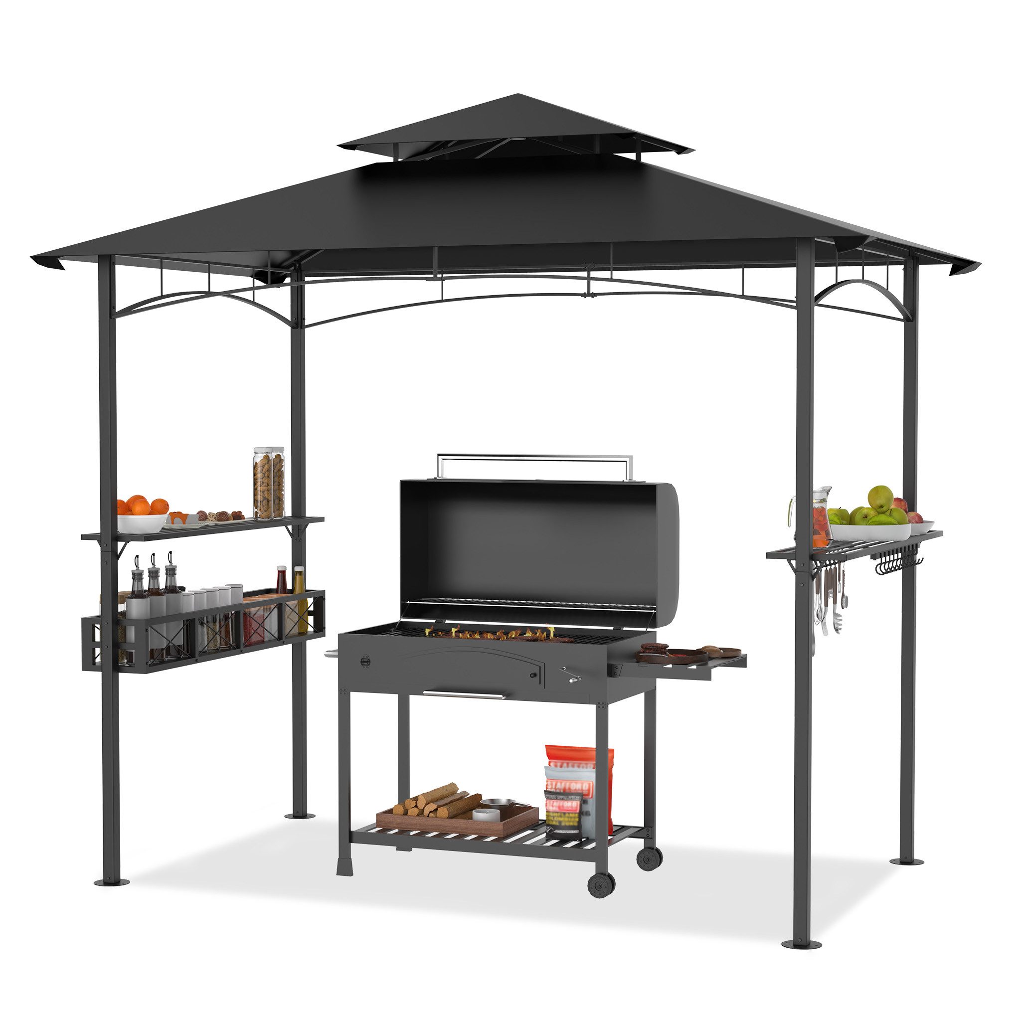 FIVMEN Grillpavillon Grillzelt mit Doppeldach & Ablagen, Schwarz, 2,45 x 1,53 m
