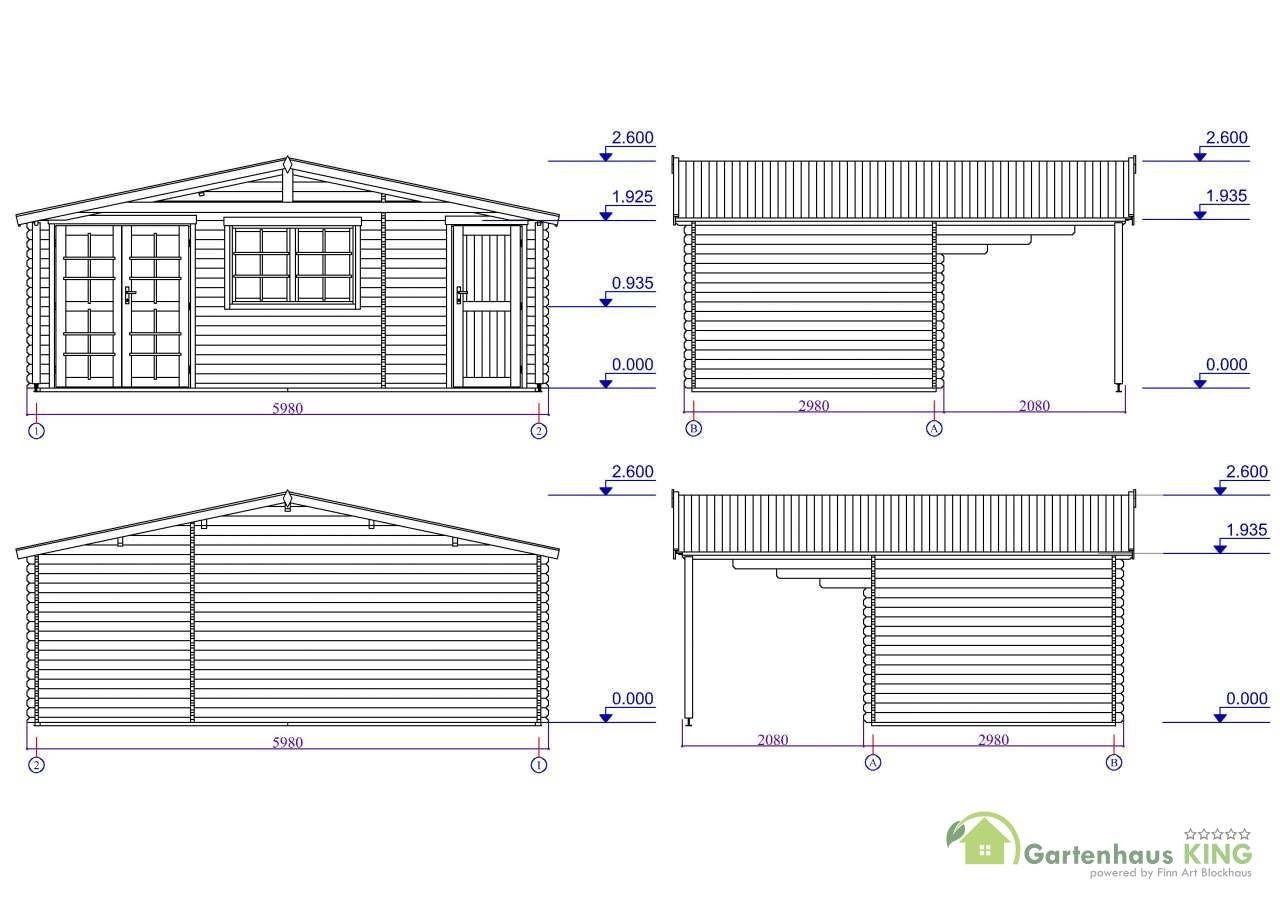Finn Art Blockhaus Gartenhaus 6x3m Holz Norwegen 57 in 40mm Wandstärke, BxT: 600x300 cm, ohne Fußboden, mit Schindeln rot
