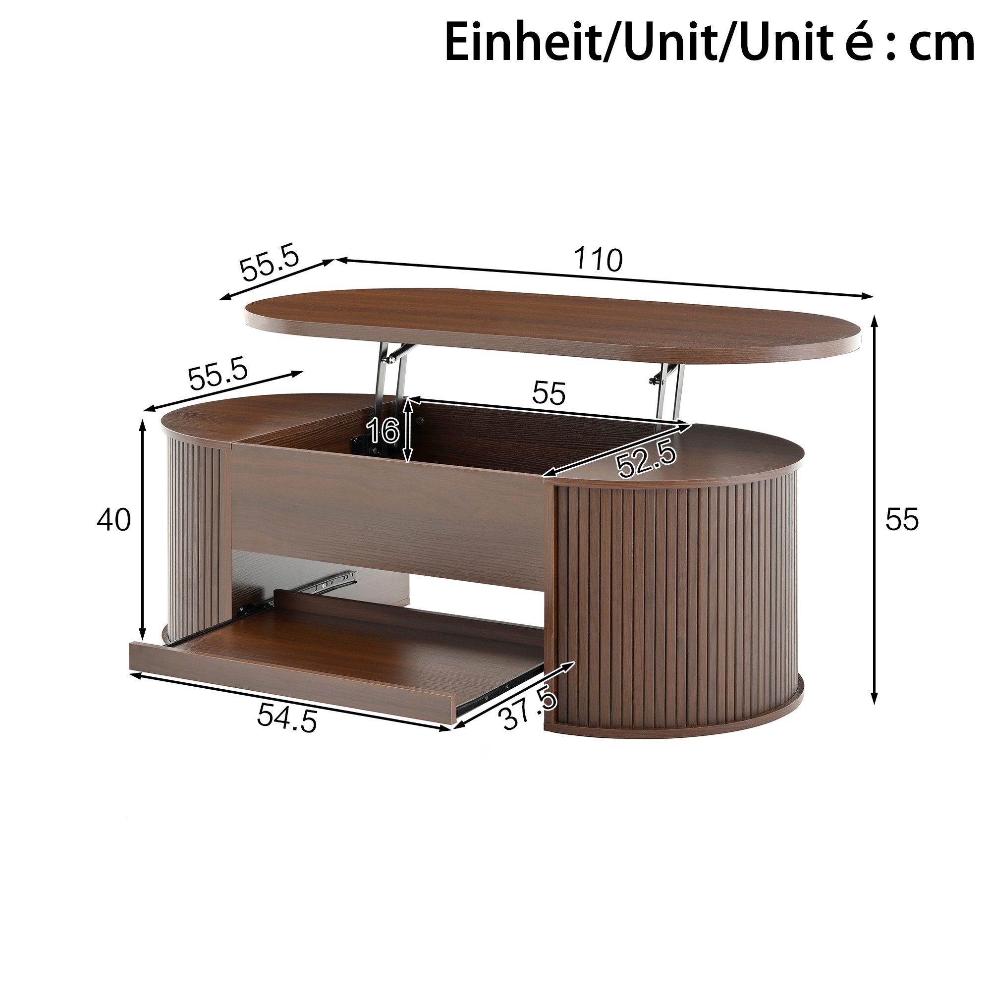 KLAM HOME Couchtisch Anhebbarer Couchtisch Nussbaum mit gebogenen Holzseiten (Multifunktionaler Wohnzimmertisch mit ausziehbarem Regal), Höhenverstellbarer Couc – Bild 3 von 5