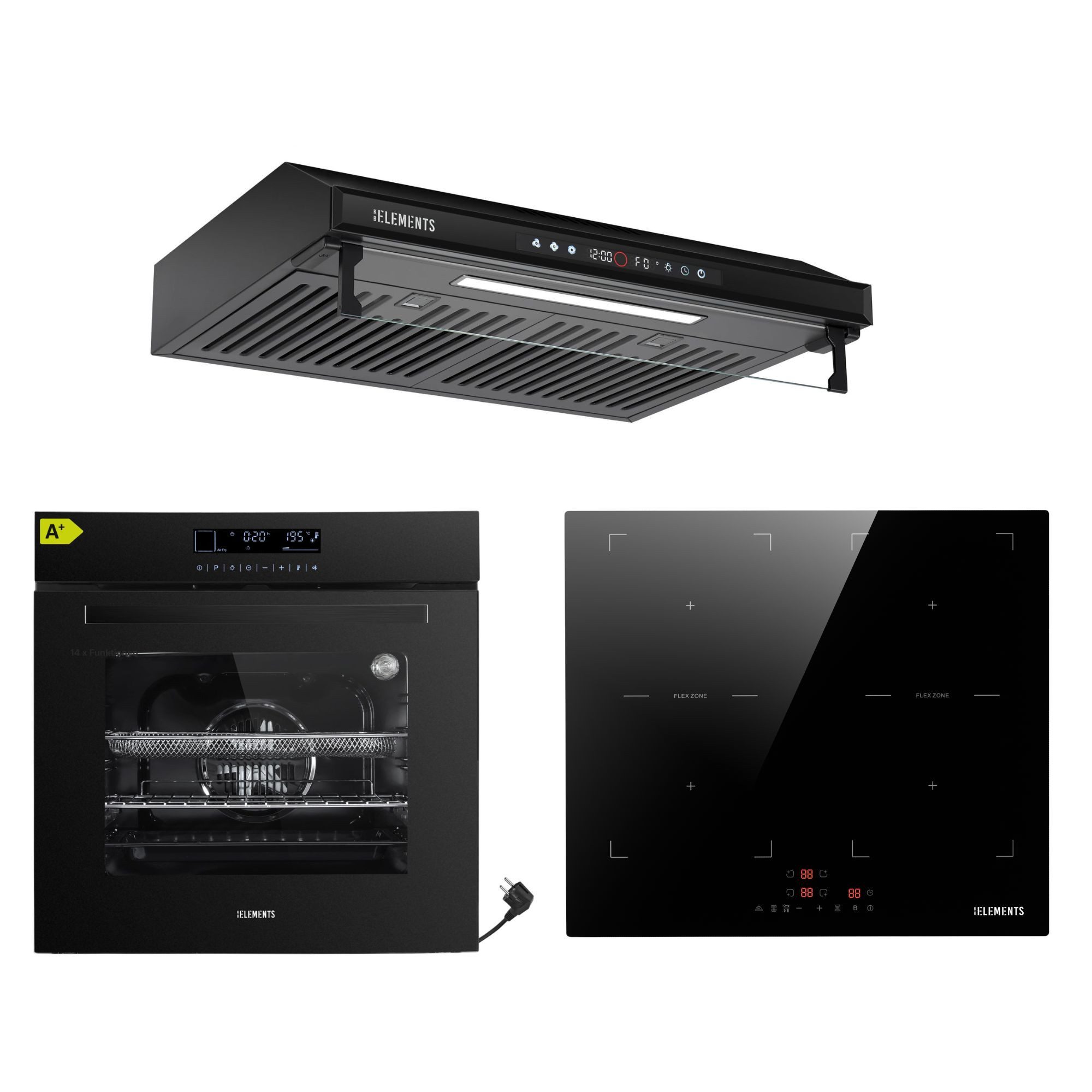 KB Elements Induktions Herd-Set Einbaubackofen 60 cm mit 4-Zonen Induktionskochfeld 60 cm, mit 2-fach-Teleskopauszug, AQUA CLEAN, Einbaubackofen Full Touch mit 15 Funktionen, doppelte Flexzone