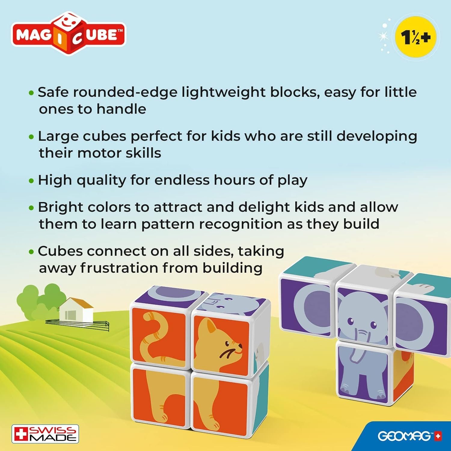 Geomag™ Lernspielzeug 132 - 7tlg. magnetisches Konstruktionsspielzeug mit 4 Magnetwürfel, 4 magnetische Würfel zum puzzeln, Farben und Tiere erkennen