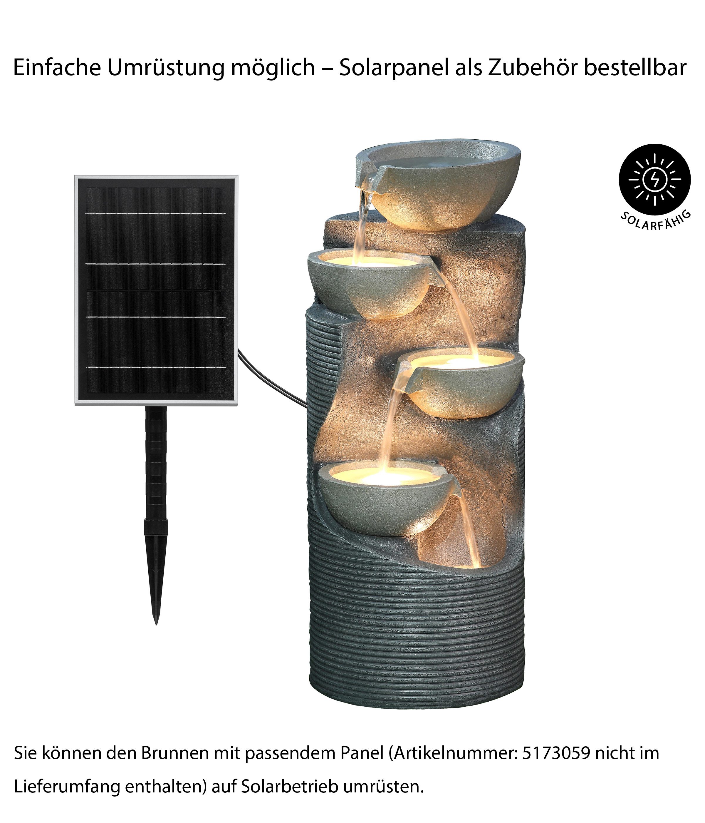 Dehner Gartenbrunnen Salo mit LED, 81 x 34 x 33 cm, Polyresin, grau, Kaskaden-Wasserspiel aus Kunststein inkl. Pumpe / LED-Beleuchtung