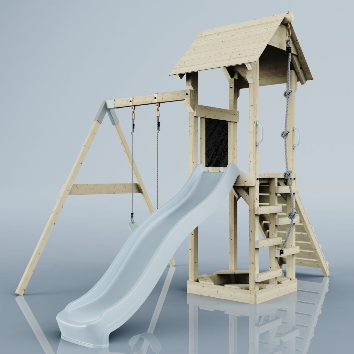 OutdoorToys Spielturm Göteborg, aus Holz in Eisblau mit Kinderschaukel & Rutsche