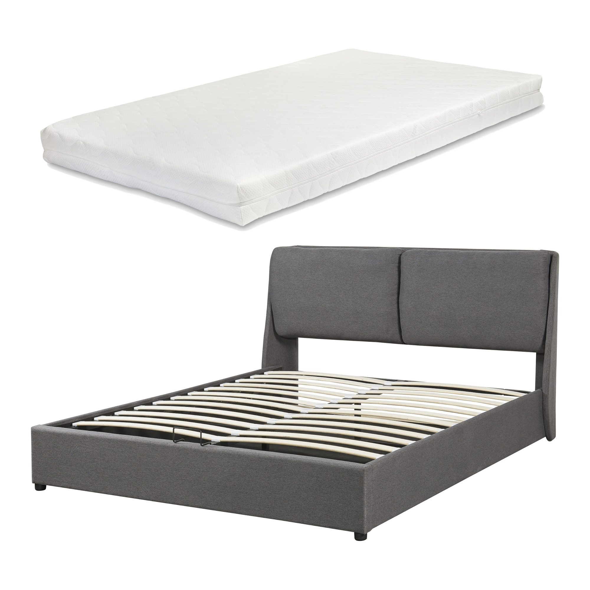 en.casa Polsterbett, »Lunner« Doppelbett mit Matratze und Bettkasten 160x200cm Dunkelgrau