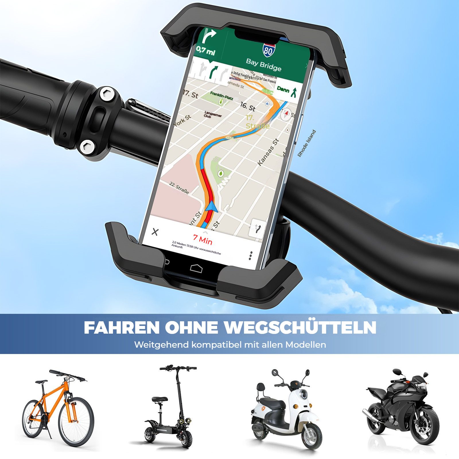 BlingBin Smartphone-Halterung 360° Lenker Halter, Motorrad Handyhalterung Handyhalter Fahrrad, (Durchmesser der Befestigungslöcher: 18–32 mm, 1-tlg., Durchmesser der Befestigungslöcher: 18–32 mm, Handy Motorradhalterung für iPhone16 15 14 13 12, Samsung, Huawei)