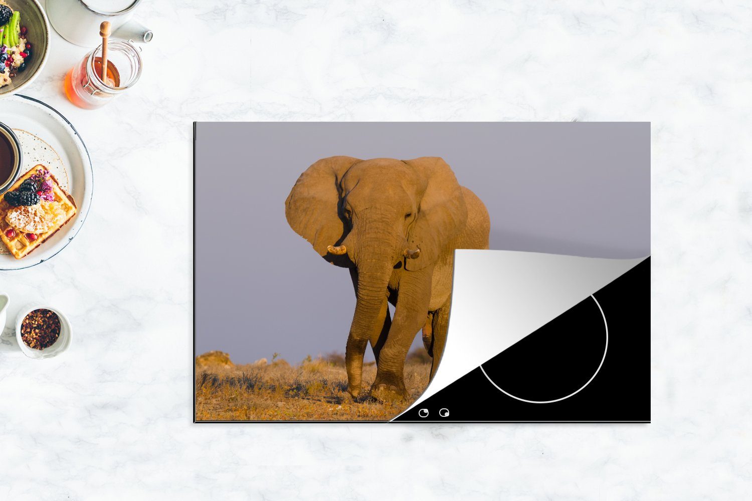 MuchoWow im tlg), Ceranfeldabdeckung cm, (1 Herdblende-/Abdeckplatte 81x52 Elefant Induktionskochfeld für küche, Schutz Vinyl, die Sand, Afrikanischer