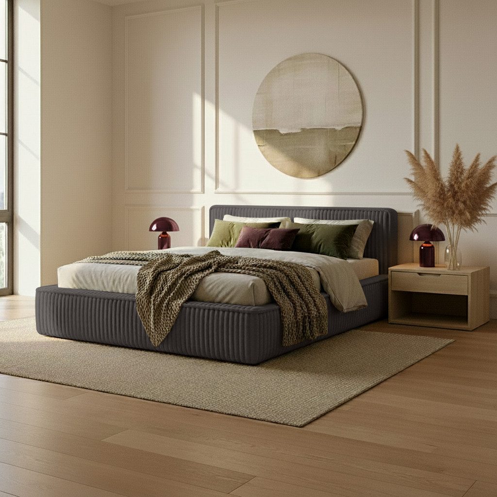 thematys Polsterbett mit Bettkasten, CLOUD 140x200 160x200 180x200 200x200cm (Kopfteil im Modernen-Look – weich, modern und pflegeleicht), hochwertiger Bouclé-Stoff in Ash, Weiß, Beige und Kreme, Inklusive Lattenrost: Holzrahmen,hochwertiger Stoff), hydraulische Klappfunktion für Stauraum