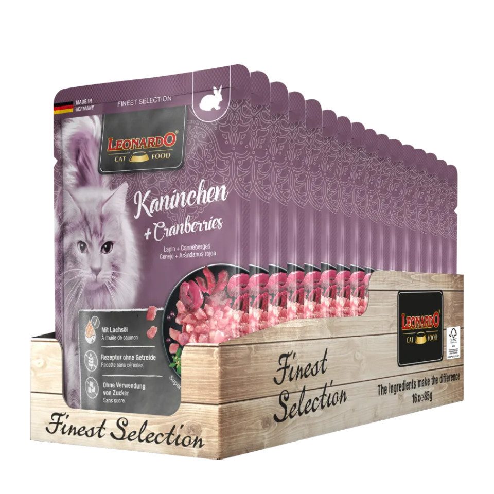 Leonardo Catfood Kaninchen & Cranberries - getreidefreies Nassfutter mit Lachsöl 16x85g, Nassfutter für: Katzen