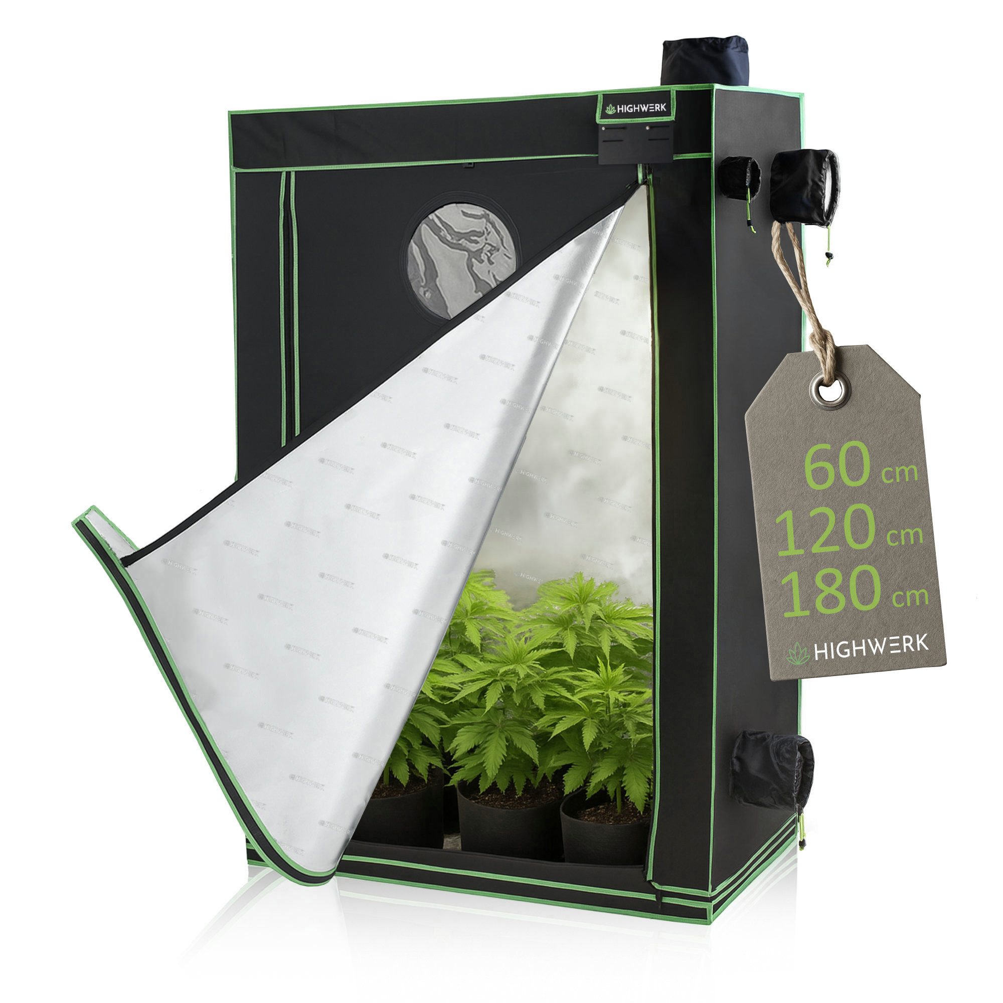 HIGHWERK Gewächshaus Growzelt 60 x 120 x 180 cm, indoor Grow tent, schwarz grün