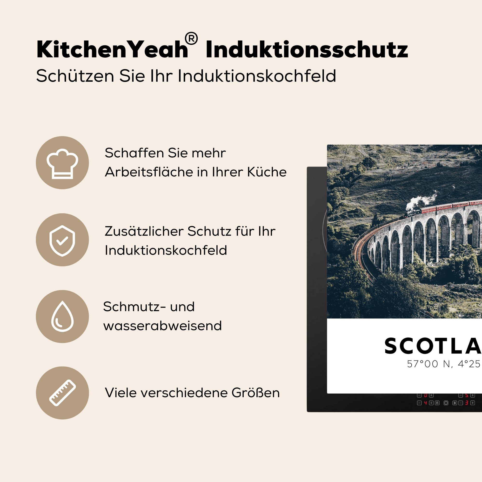 - Herdblende-/Abdeckplatte Vinyl, cm, Ceranfeldabdeckung, für Vintage, MuchoWow Schottland (1 - 78x78 küche Zug Arbeitsplatte tlg),